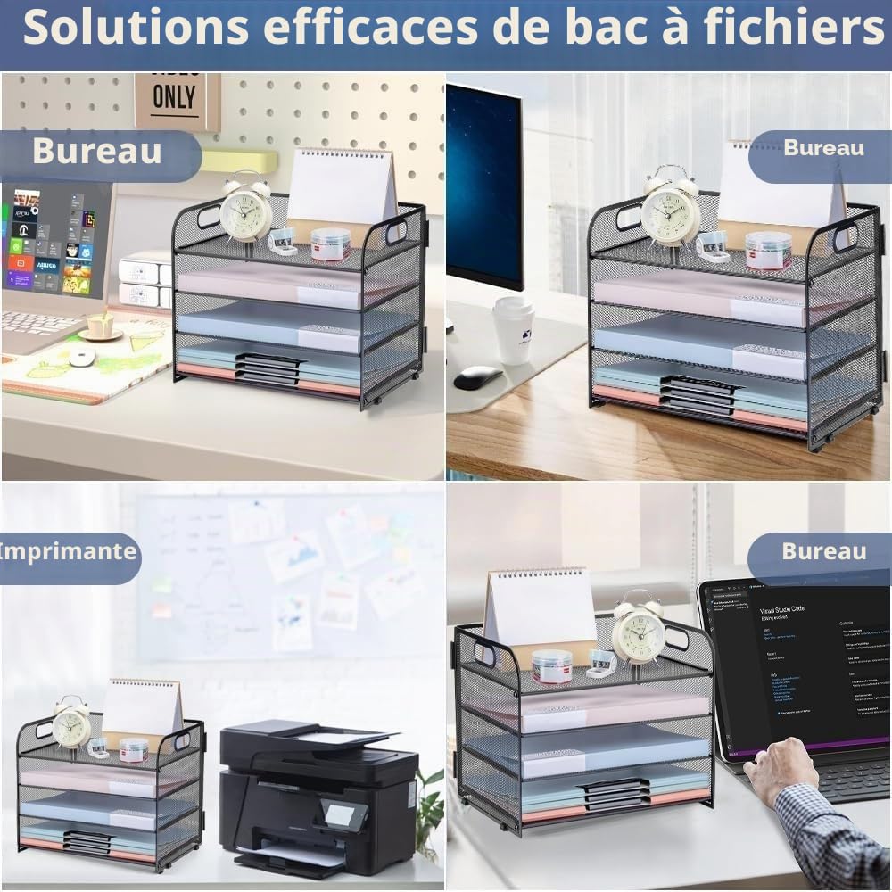 LATERN 4 Niveaux Organisateur de Bac à Courrier en Maille Métallique, 32CM x 28CM x 24CM Organiseur de Dossiers Coulissant en Maille avec Poignée pour Livres Notes Papier Maison Bureau École Organiser