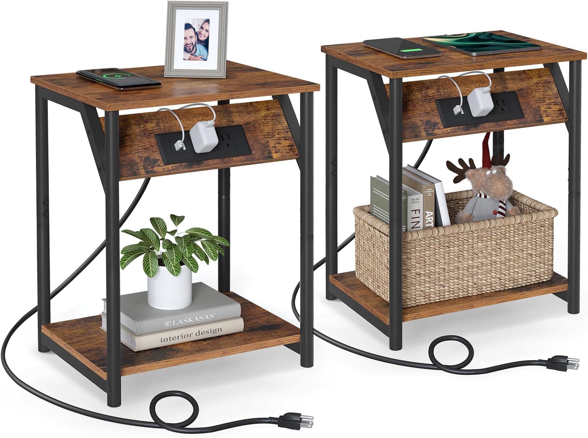 VASAGLE End Table with Charging Station, Set of 2, Small Side Tables for Living Room, Bedroom, Nightstand with Outlets and USB Ports, Bedside Table with Storage Shelf, Rustic Brown and Black