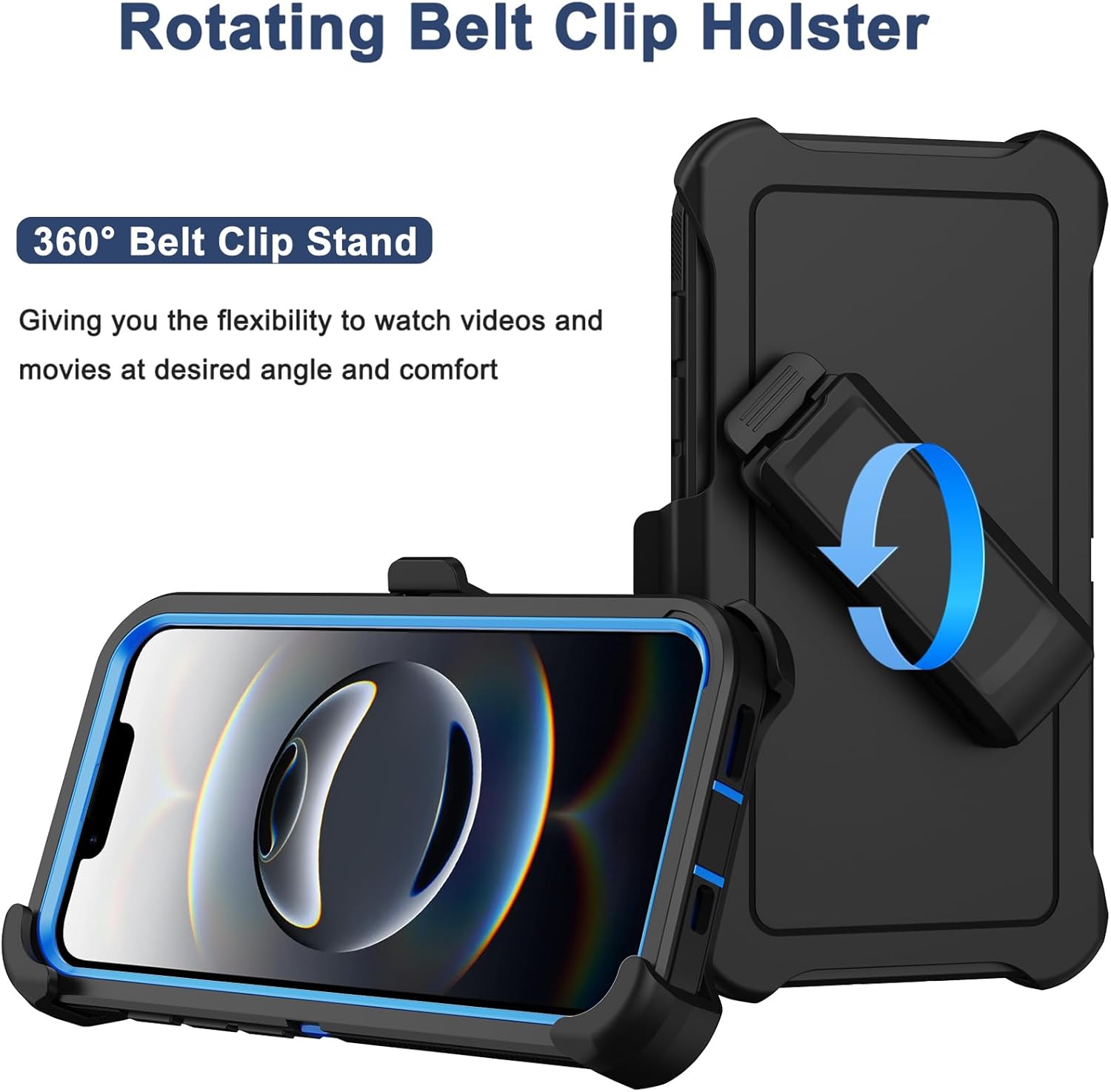 RubCase for iPhone 16e Case with Screen Protector x2, Belt Clip Holster Heavy Duty Military Grade Full Body Shockproof Dust-Proof Drop-Proof Rugged Protective Cover for Apple iPhone 16e (Black/Blue) - Image 2