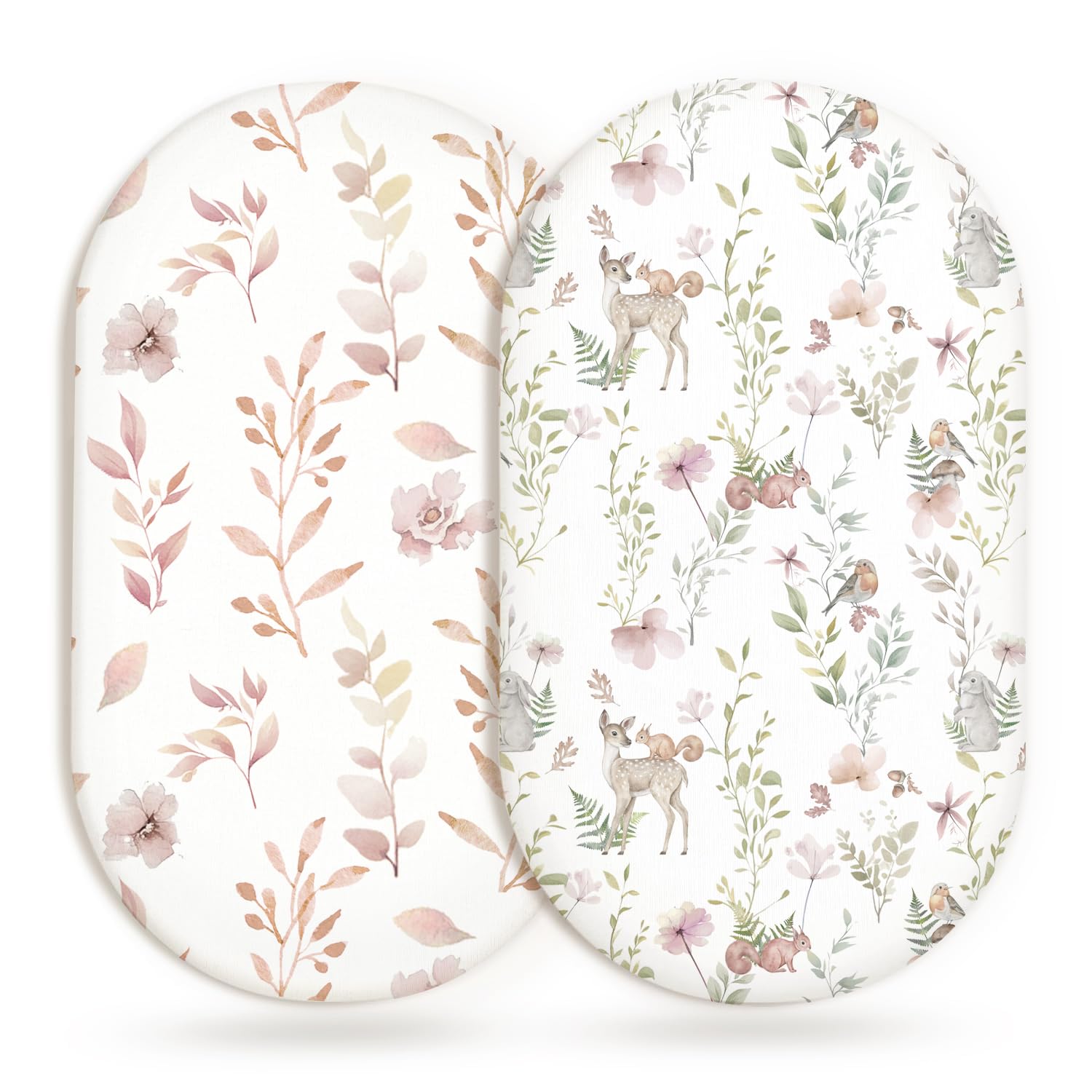 Bassinet Sheets, Fitted Baby Mattress Covers, 33" x 17", Floral Fawn