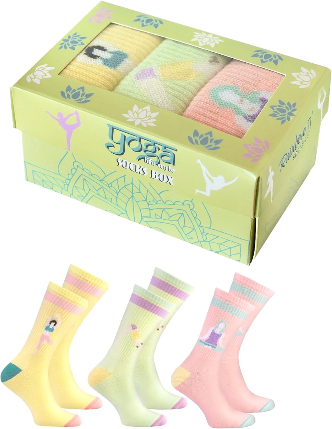 Rainbow Socks - Yoga Socks Box - Women Yoga Pilates Funny Socks - Novelty Gift for Yoga Fans - 3 Pairs