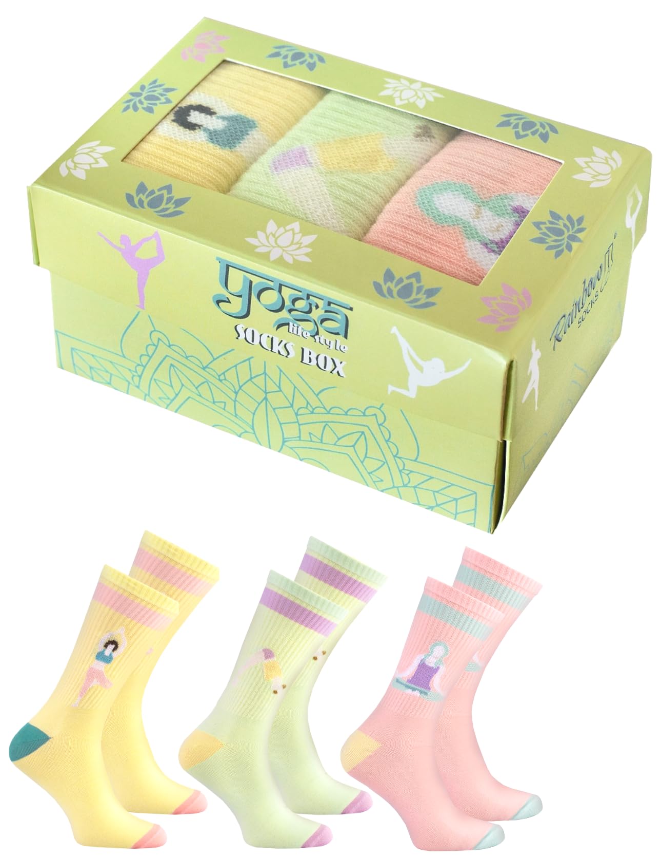 Rainbow Socks - Yoga Socks Box - Women's Girly Pastel Colours Yoga Pilates Funny Socks - Novelty Gift for Teens Girls and Yoga Gymnastics Fans - 3 Pairs - Size UK 7,5-11 EU 41-46