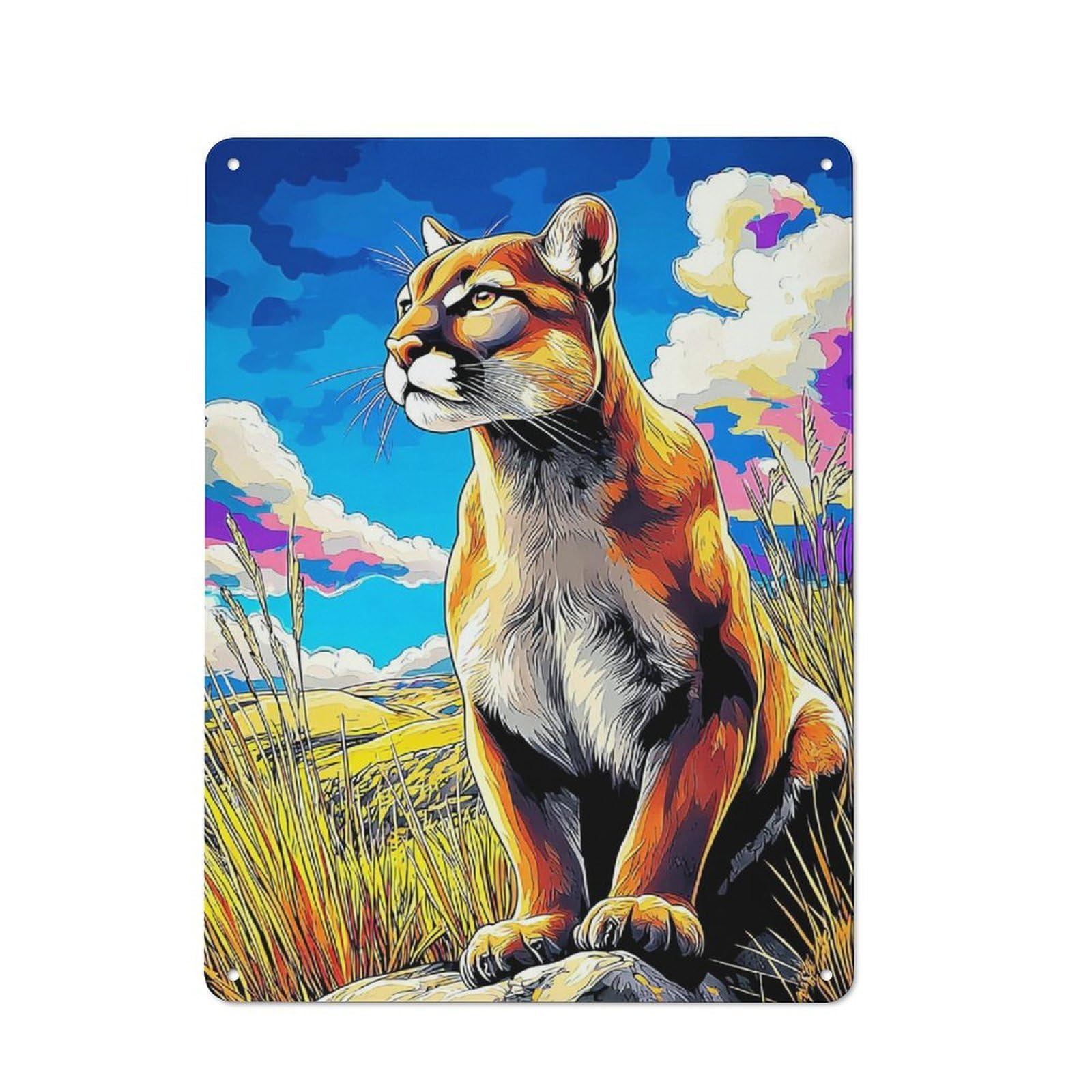 Junmoney Mountain Lion In Wild Landscape Metal Wall Sign 40X30cm Featuring For Bar Or Restaurant, For Themed Interiors In Bars And Restaurants