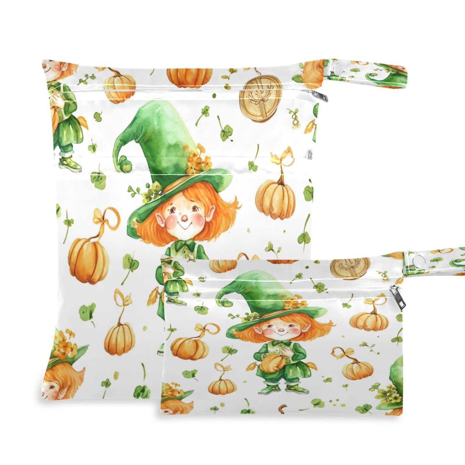 BOESI 2 Piece Wet and Dry Storage Bag, Travel Wet and Dry Bag, Waterproof Reusable, For Travel, Beach, Pool, Diapers, Toiletries, Doodle Pumpkin and Dwarf Pattern