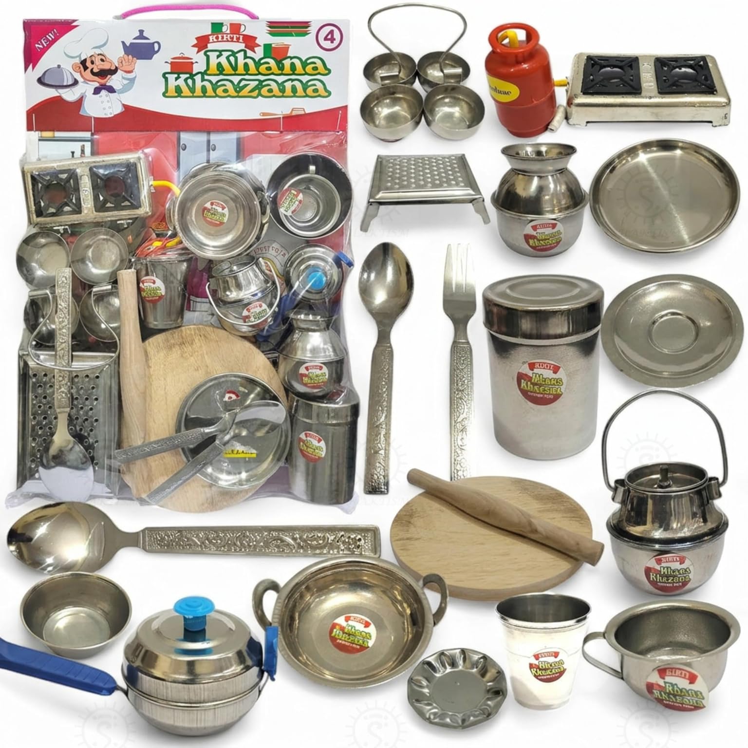 SHAKTISM Steel Kitchen Set Toys for Kids, Role Playing Kitchen Set of Stainless Steel with Wooden Chakla Belan Set, Master Chef Role Playing Kitchen Set Master Chef for Kids (Kitchen Set No-04)-image-8