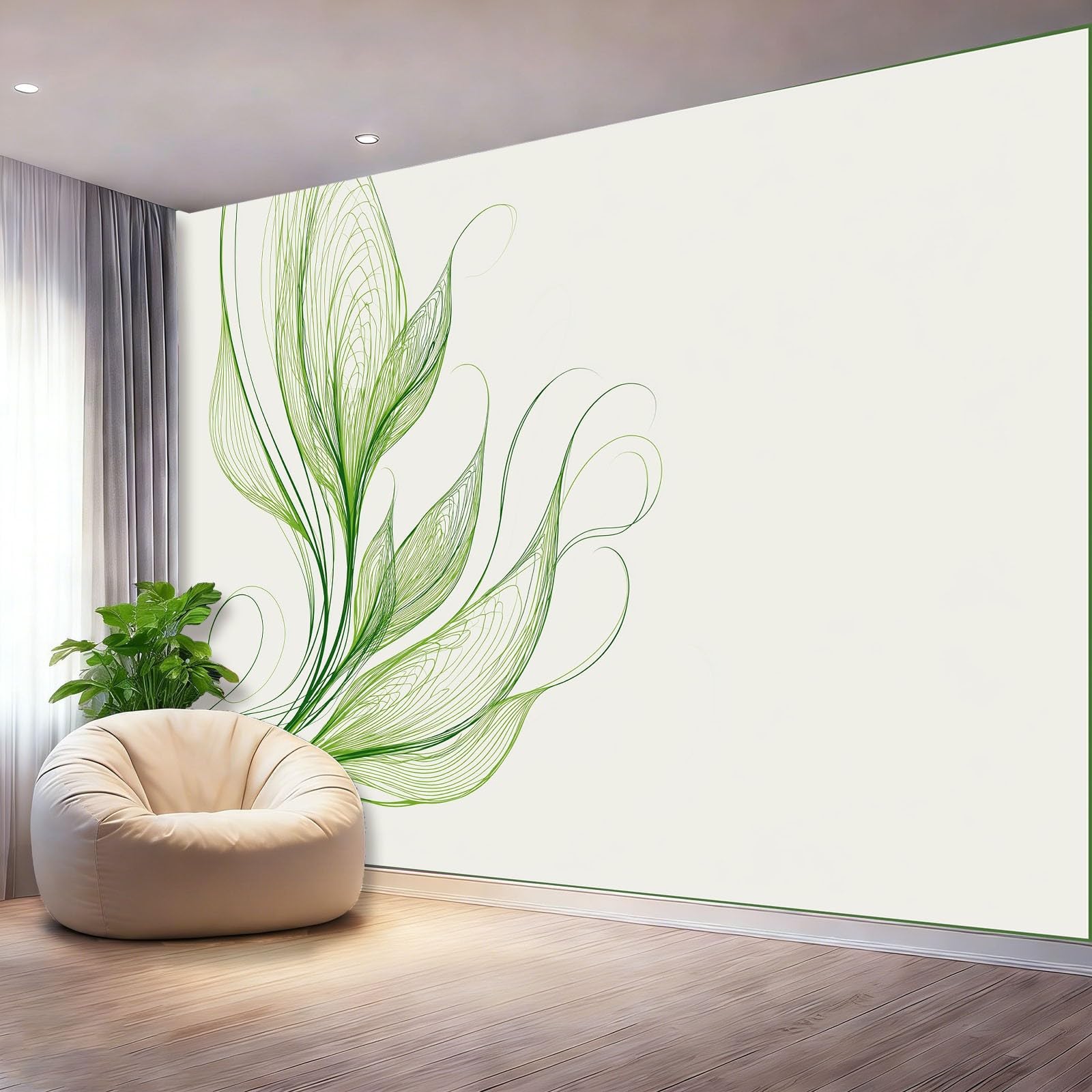 Fototapeta tapeta rośliny gałęzie i liście linie zielony kremowy motyw fototapeta włóknina fototapeta plakat do salonu sypialni korytarza TV tło dekoracja ścienna murale, 300 x 210 cm