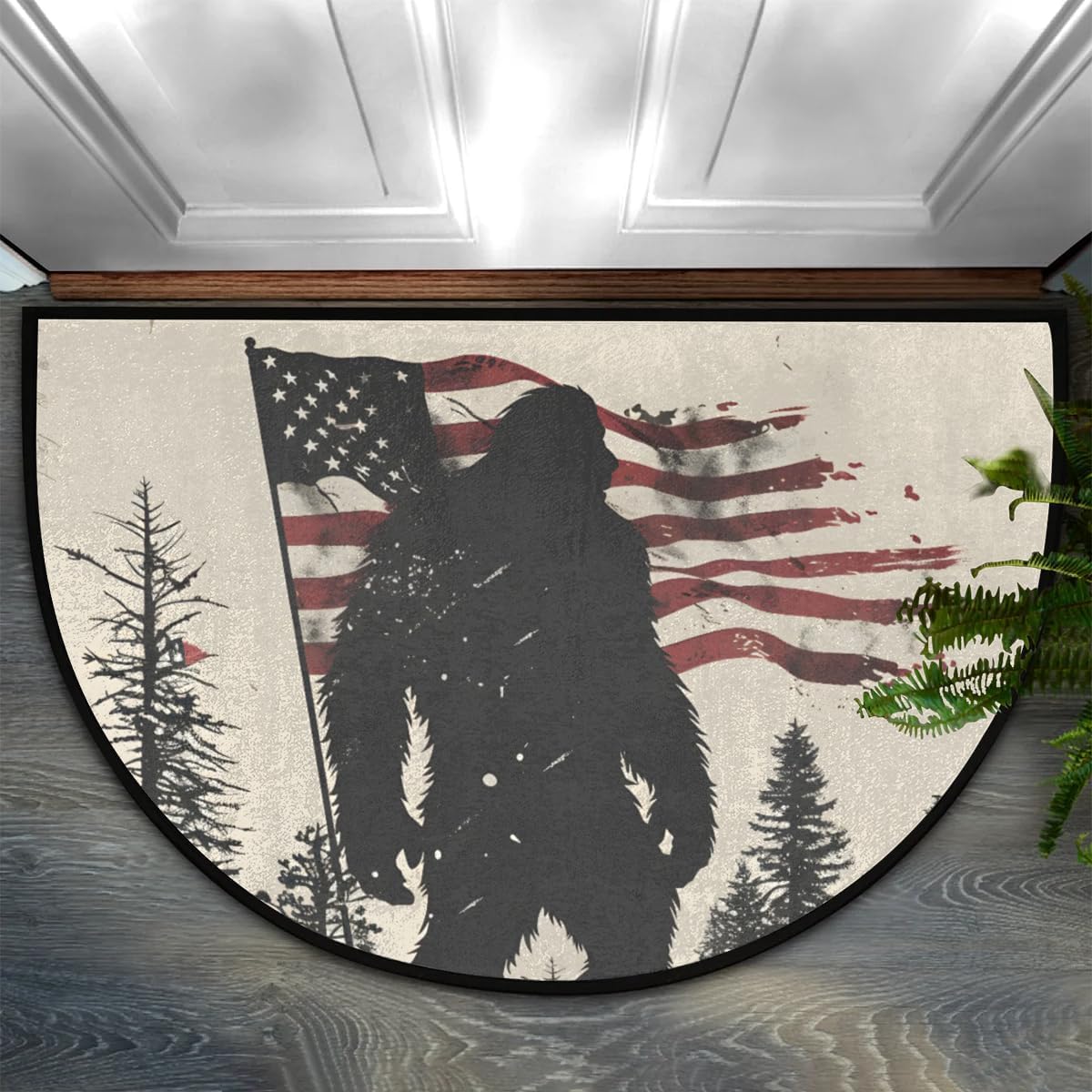 cfpolar Half Round Door Mat Bigfoot USA Flag Vintage Non-Slip Semi Circle Area Rug Washable Half Moon Hearth Rugs for Indoor Outdoor Bathroom Kitchen Patio Runner Mat Laundry Room Home Decoration