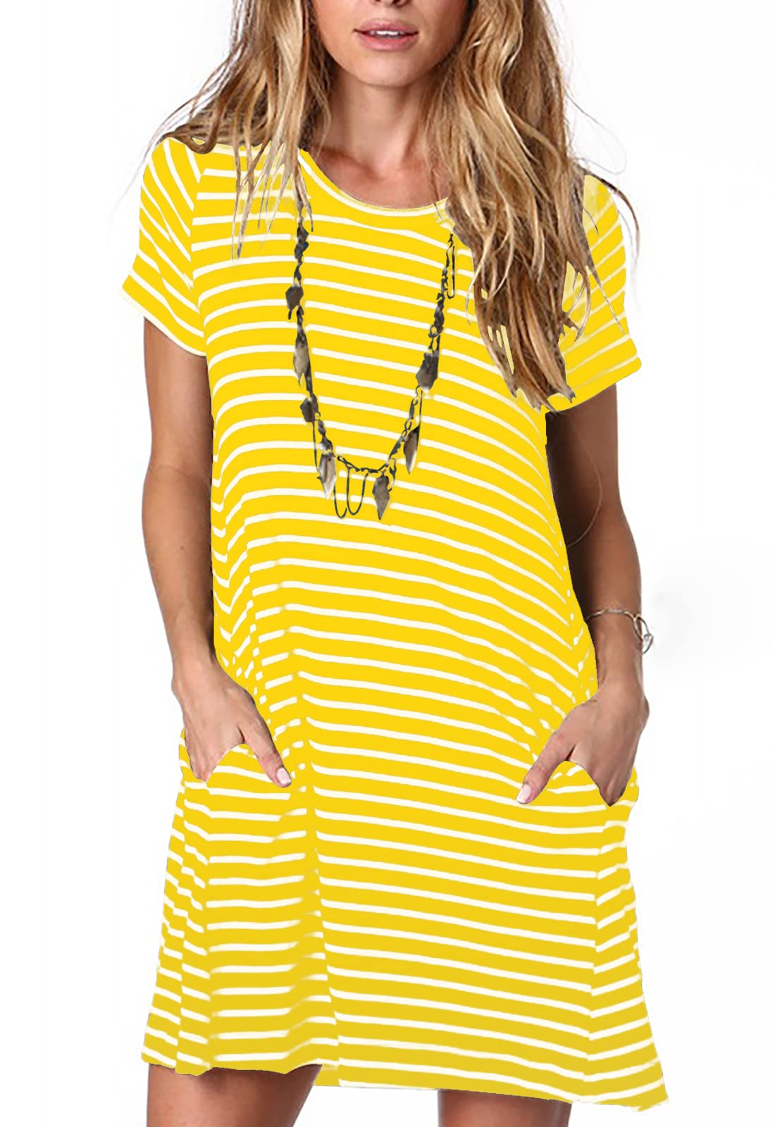 Alaster Women’s Casual Summer T Shirt Dress Loose Short Sleeve Tunic Dress with Pocket for Women, A-yellow Striped, Medium