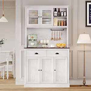 GarveeHome Kitchen Pantry Storage Cabinet, 71" Tall Wood Pantry with Microwave Stand, Modern Kitchen Hutch Cabinet, Coffee Bar Hutch with Wine Rack for Dining Room, Living Room, White