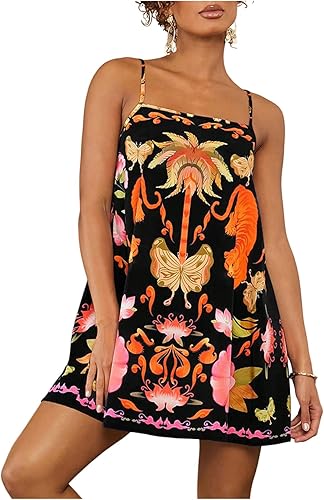 MakeMeChic Women's Flowy Mini Dress Boho A Line Summer Ruffle Dresses Tropical V