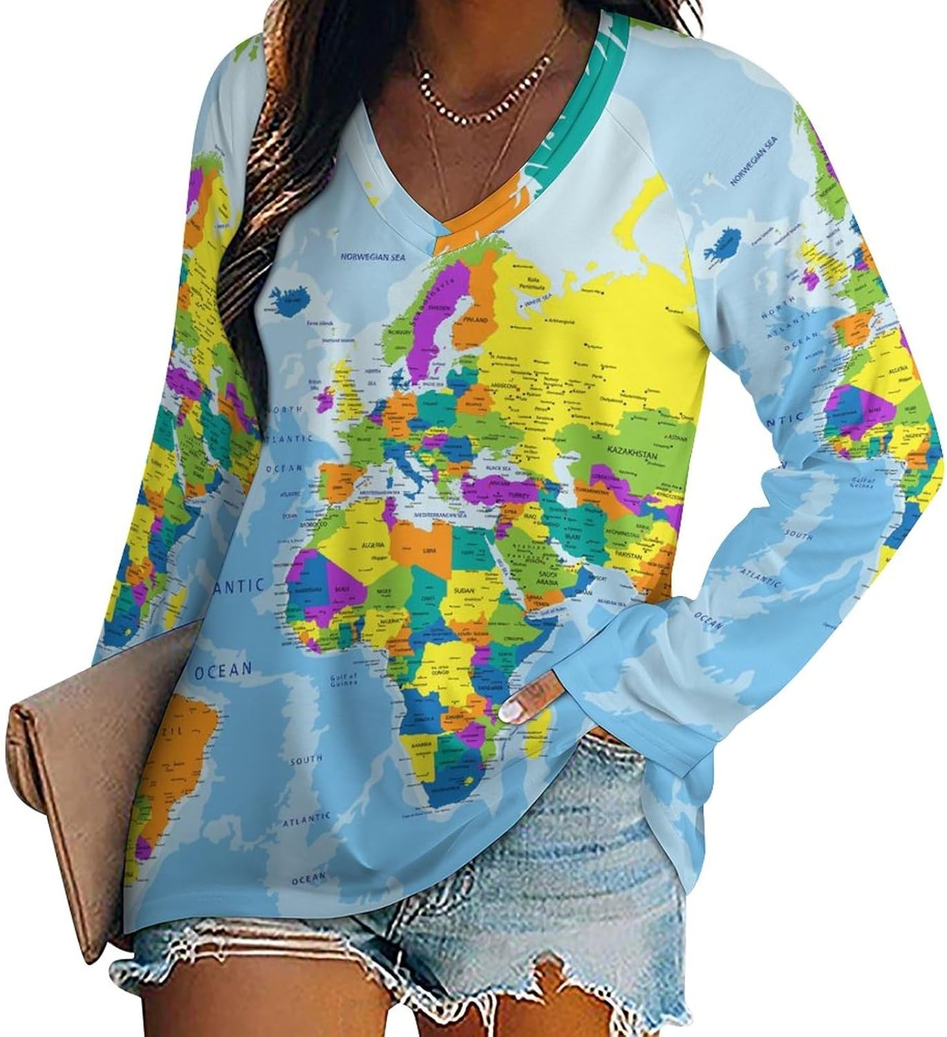 AMRANDOM Women's Golf Polo Shirts V-Neck Long Sleeve Collarless Tennis Running T-Shirts Quick Dry