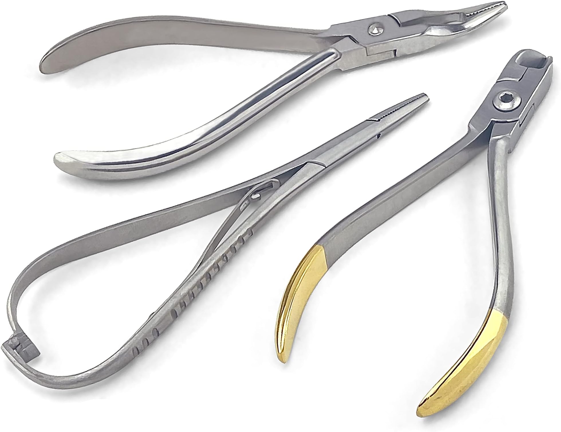 3 Pcs Orthodontic Instruments Tool Set - Hard Wire Cutter, Mathieu Ligature Elastic Placing Plier, Slim Weingart Plier