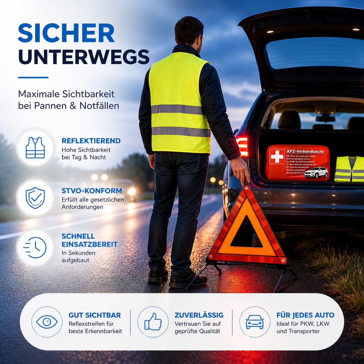 3 en 1 - Trousse de premiers secours & gilet de sécurité & triangle de signalisation - Certifié & norme actuelle - Ensemble d'accessoires pour voiture 2026 - Kit de premiers secours pour