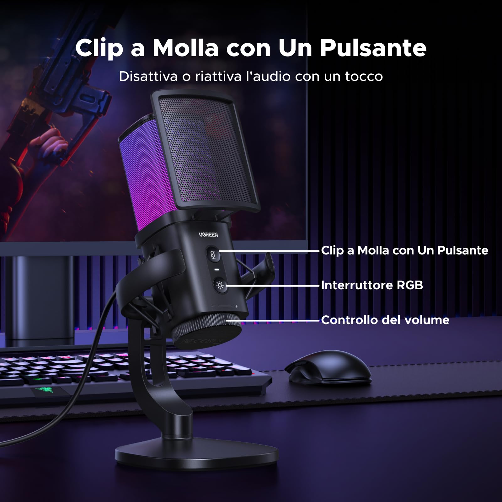 UGREEN Microfono Gaming USB con Effetti di Illuminazione RGB 24bit 96kHz Riduzione del Rumore DSP Adatto Per la Registrazione il Gioco Lo Streaming Live e i Podcast Compatibile con PS5 PS4 Laptop