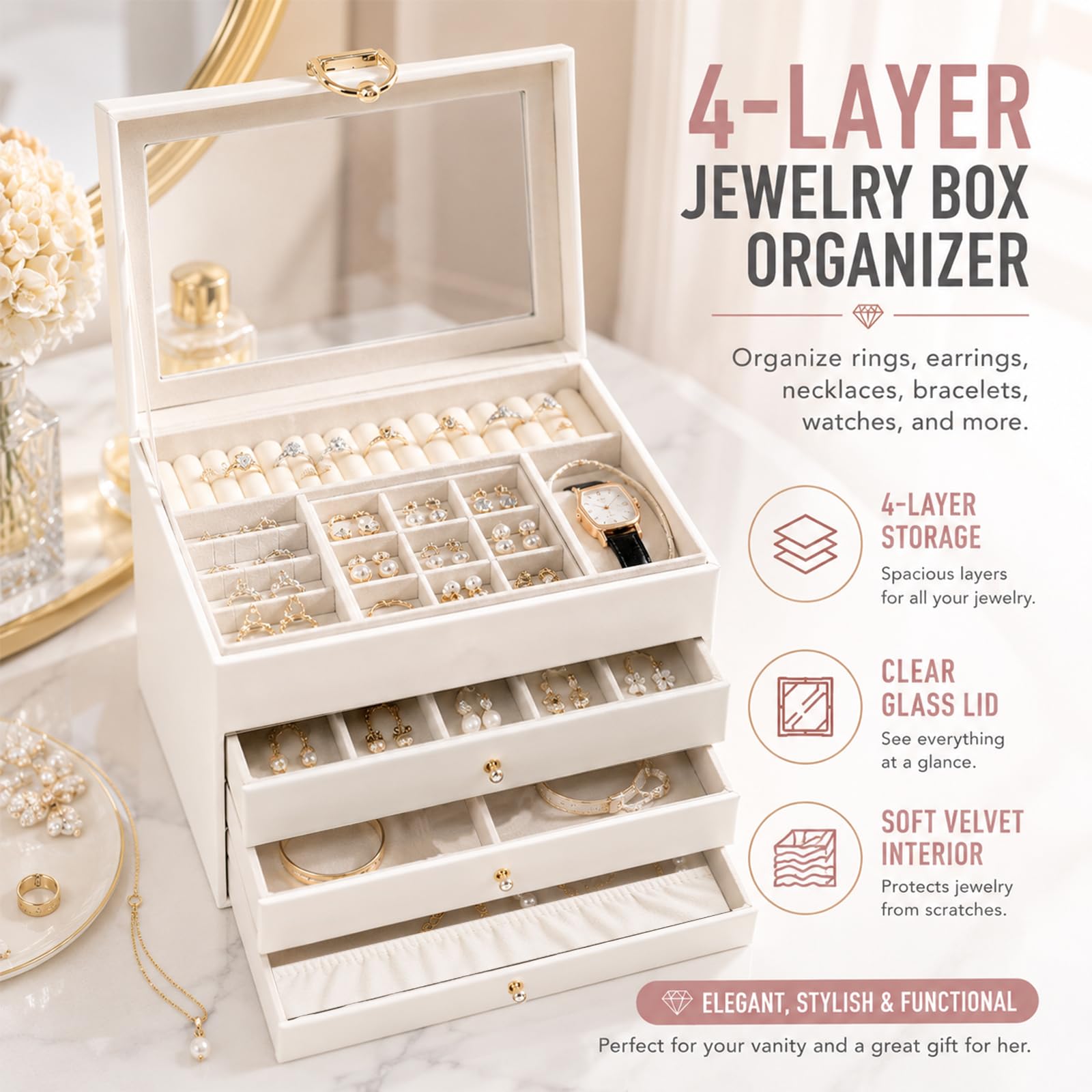 Caja Joyero de 4Niveles con Tapa de Vidrio para Pendientes,Anillos