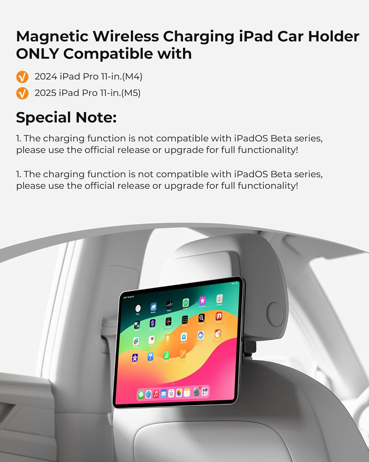 KU XIU Magnetic Wireless Charging Car Headrest Tablet Holder for iPad Pro 11'' M4/M5 Only, Adjustable Long Arm Tablet Car Mount Back Seat for Kids, Road Trip Essentials Holder with Air Vent Stand