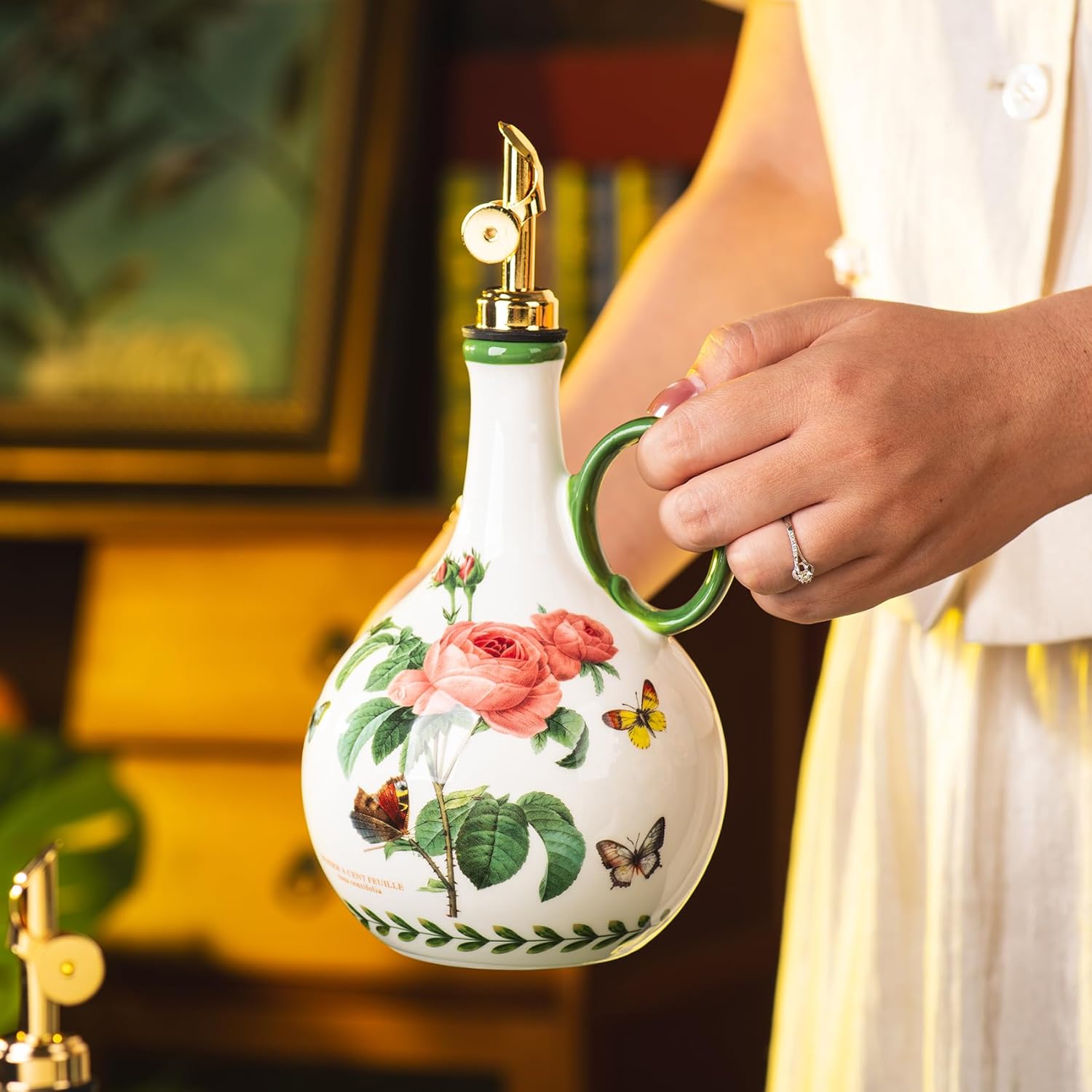 Ceramic Olive Oil Dispenser, 27 oz Floral Pattern Cruet with Auto-Close Spout, 9.45" Tall, Decorative Oil and Vinegar Bottle (pink rose)