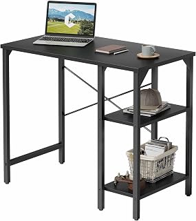 CubiCubi Small Computer Desk, 35 Inch Home Office Desk with 2 Storage Shelves on Left or Right Side, Study Writing Desk with Storage Board, Modern Black