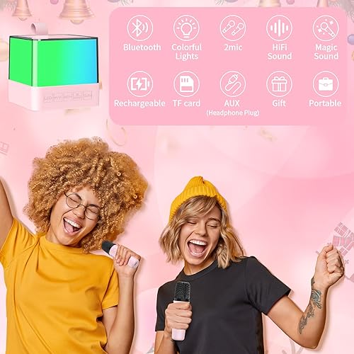 Miniatura 2 de Máquina de karaoke rosa, 2 micrófonos de karaoke para niños y adultos, máquina de karaoke portátil con Bluetooth, altavoz de karaoke con luces LED,