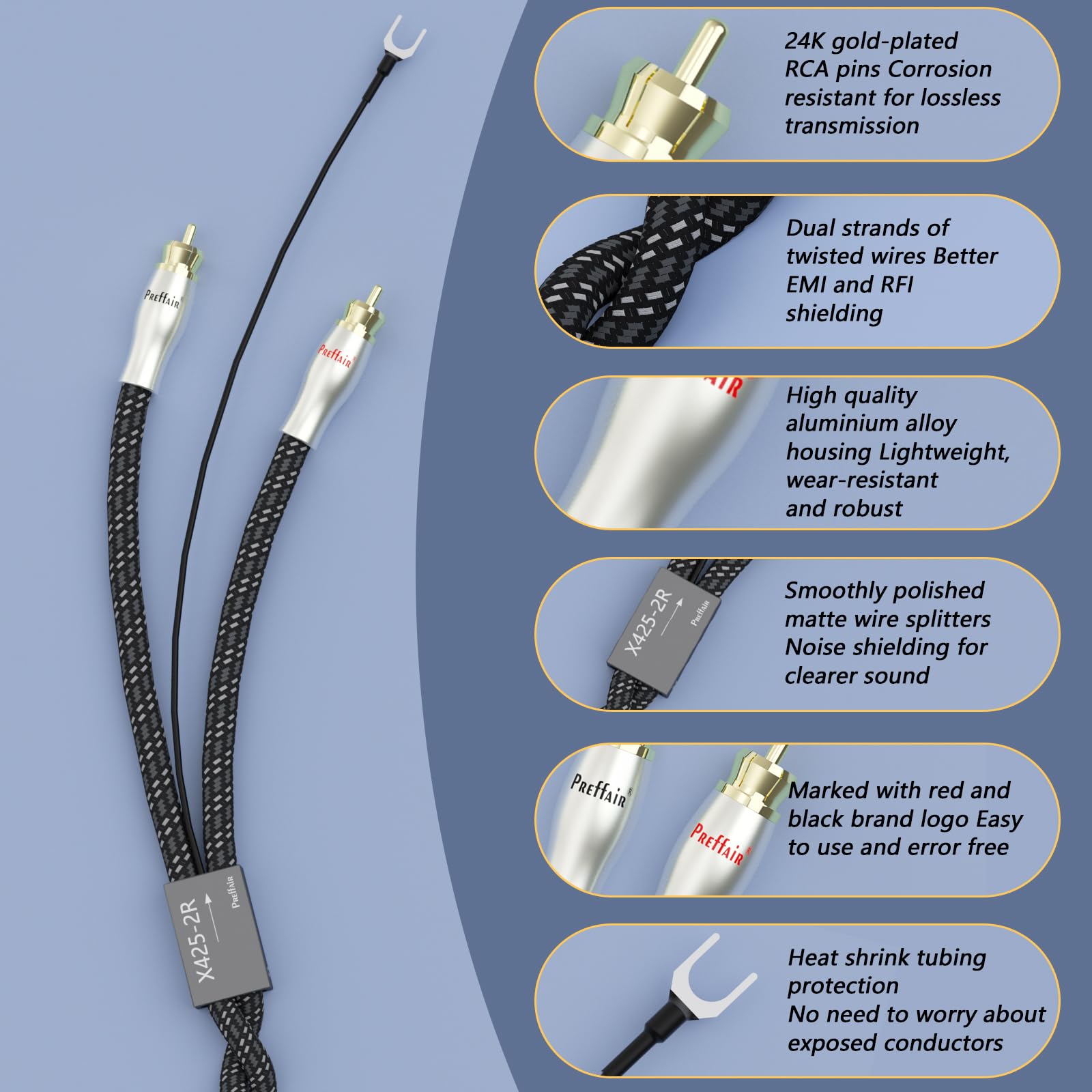 Preffair Cavo per giradischi con filo di messa a terra, cavo RCA placcato oro, doppio cavo di interconnessione RCA stereo per preamplificatore, giradischi, amplificatore (X425-2R, 0,9 m)