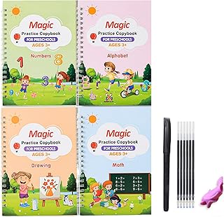 4 Pieces Magic Practice Copybook, Reusable Grooved Practice CopyBook, English Math Alphabet Drawing Tracing Handwriting Book Set for Kids, with 1 Pen 5 Refills & 1 Grips/1 Pen 10 Refills & 1 Grips (C)