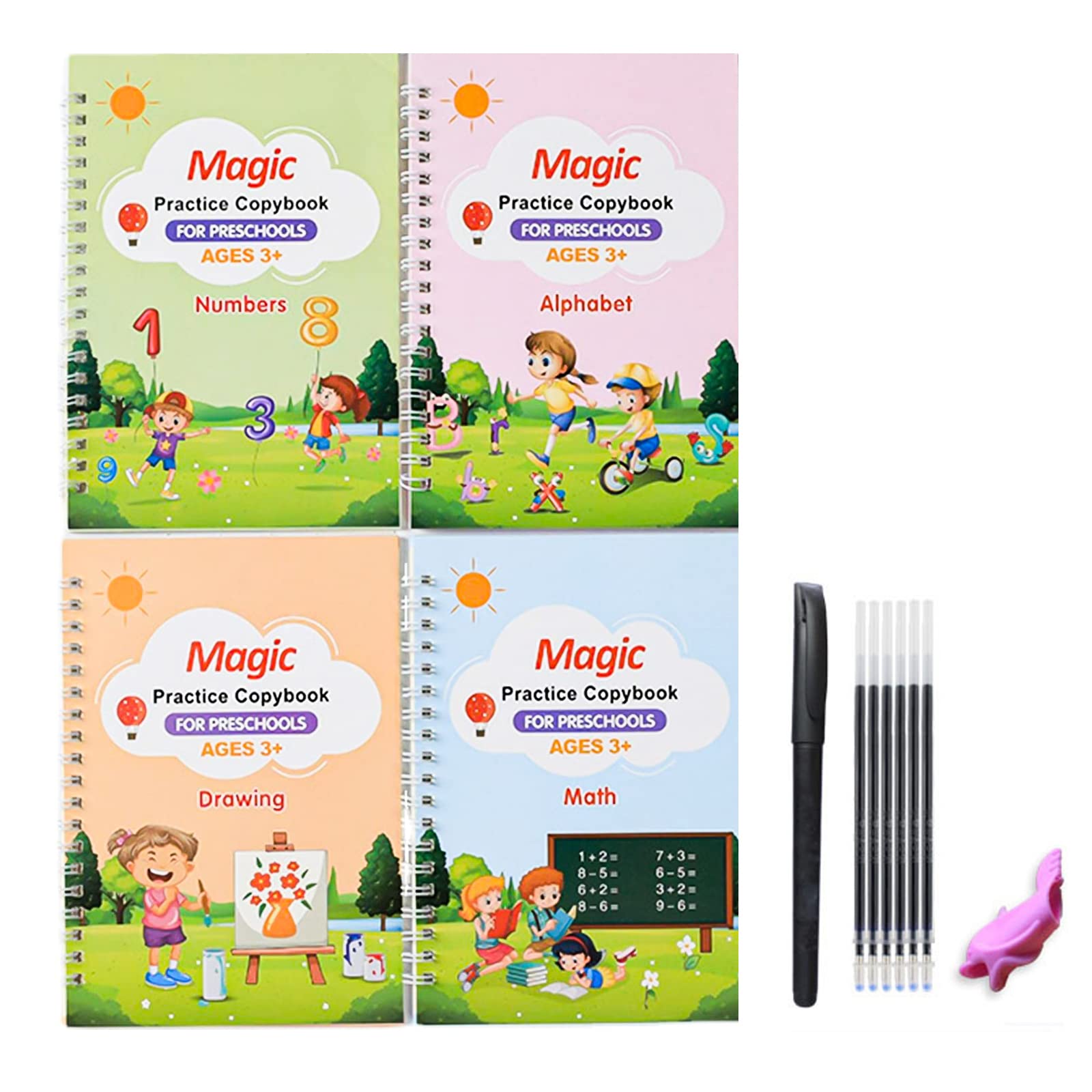 4 Pieces Magic Practice Copybook, Reusable Grooved Practice CopyBook, English Math Alphabet Drawing Tracing Handwriting Book Set for Kids, with 1 Pen 5 Refills & 1 Grips/1 Pen 10 Refills & 1 Grips (C)
