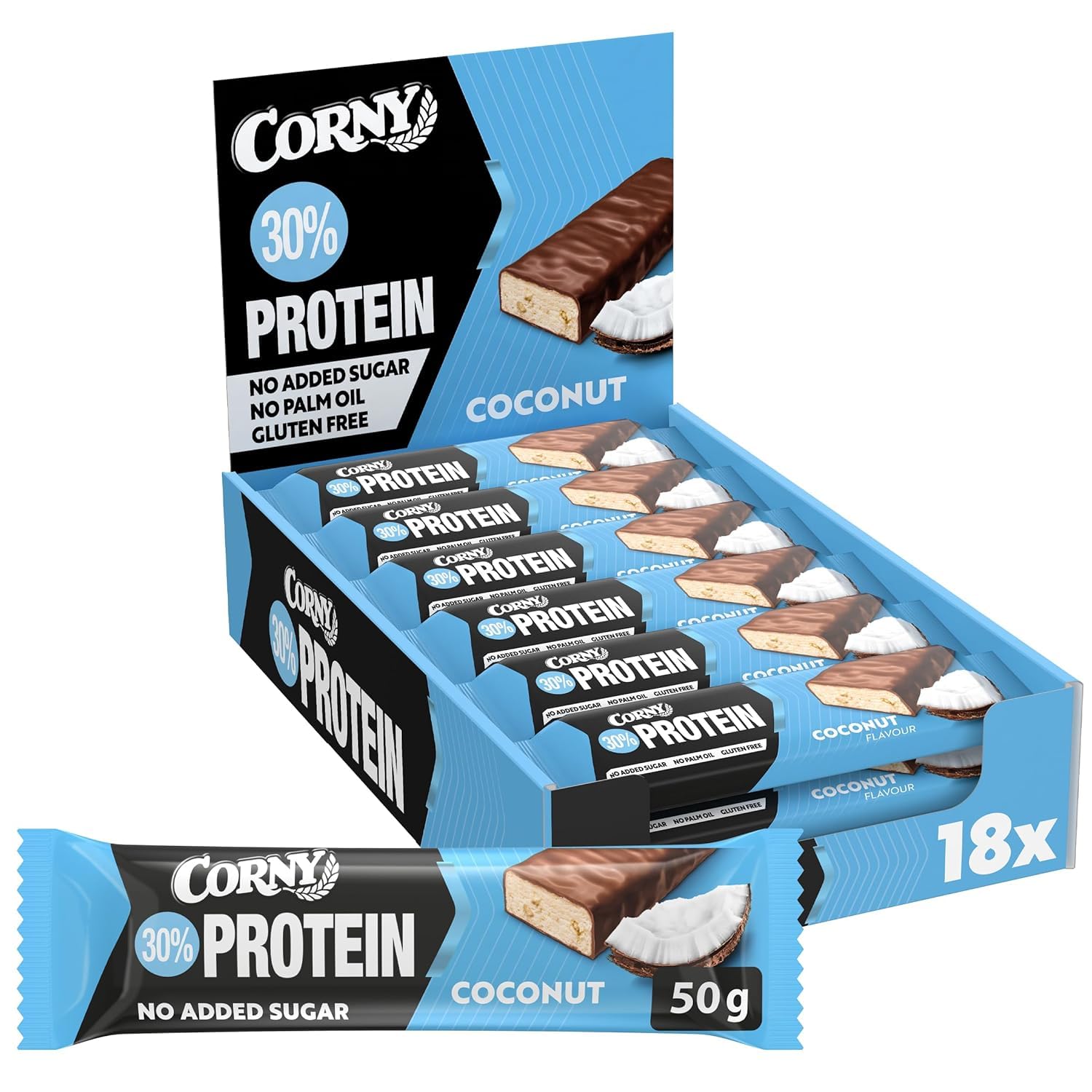 Corny | Protein Power | Cocos | 30% Eiweiß | Fitness & Sport Riegel | Proteinriegel Großpackung 18 x 50 g