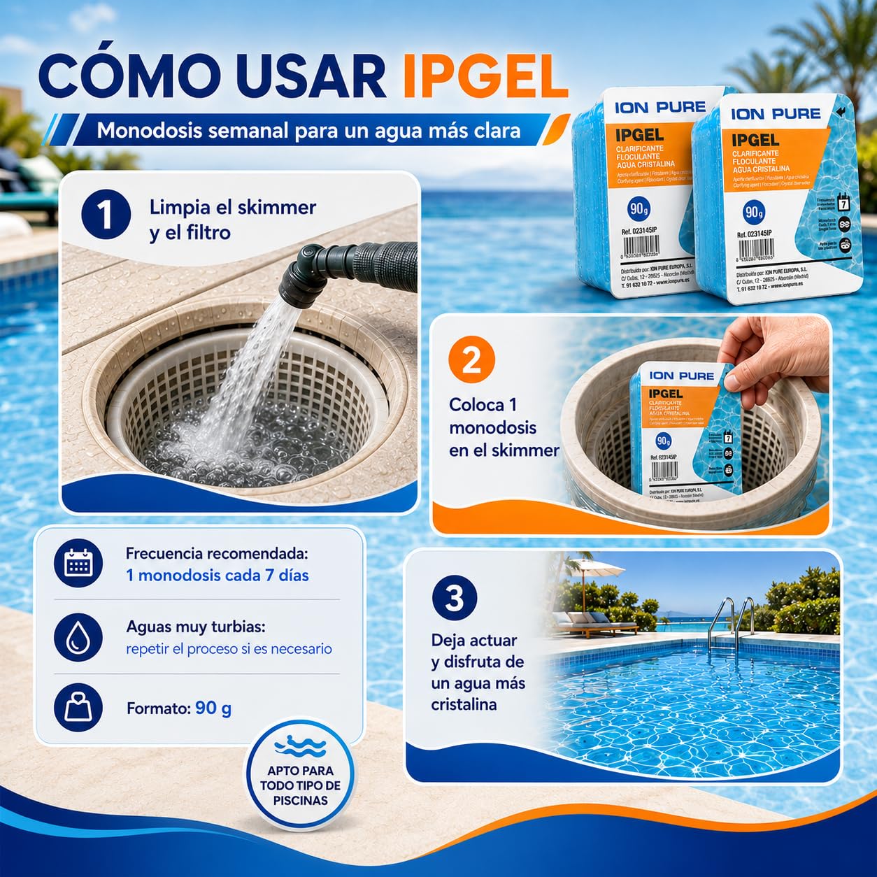 IPGEL Gel Floculante y Clarificante para Piscina, Monodosis de 90 g, Pack de 12 Unidades, Tratamiento Semanal, Apto para Todo Tipo de Piscinas