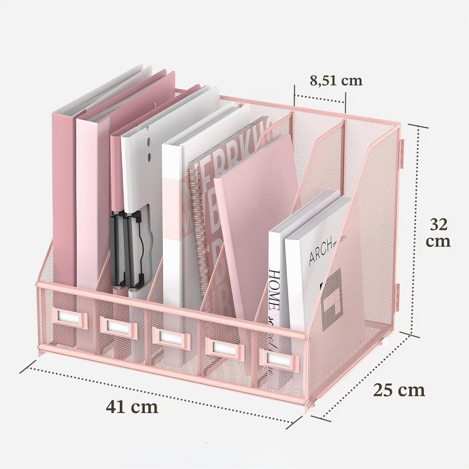 Organiseur de bureau en métal avec 5 compartiments verticaux pour bureau, rose
