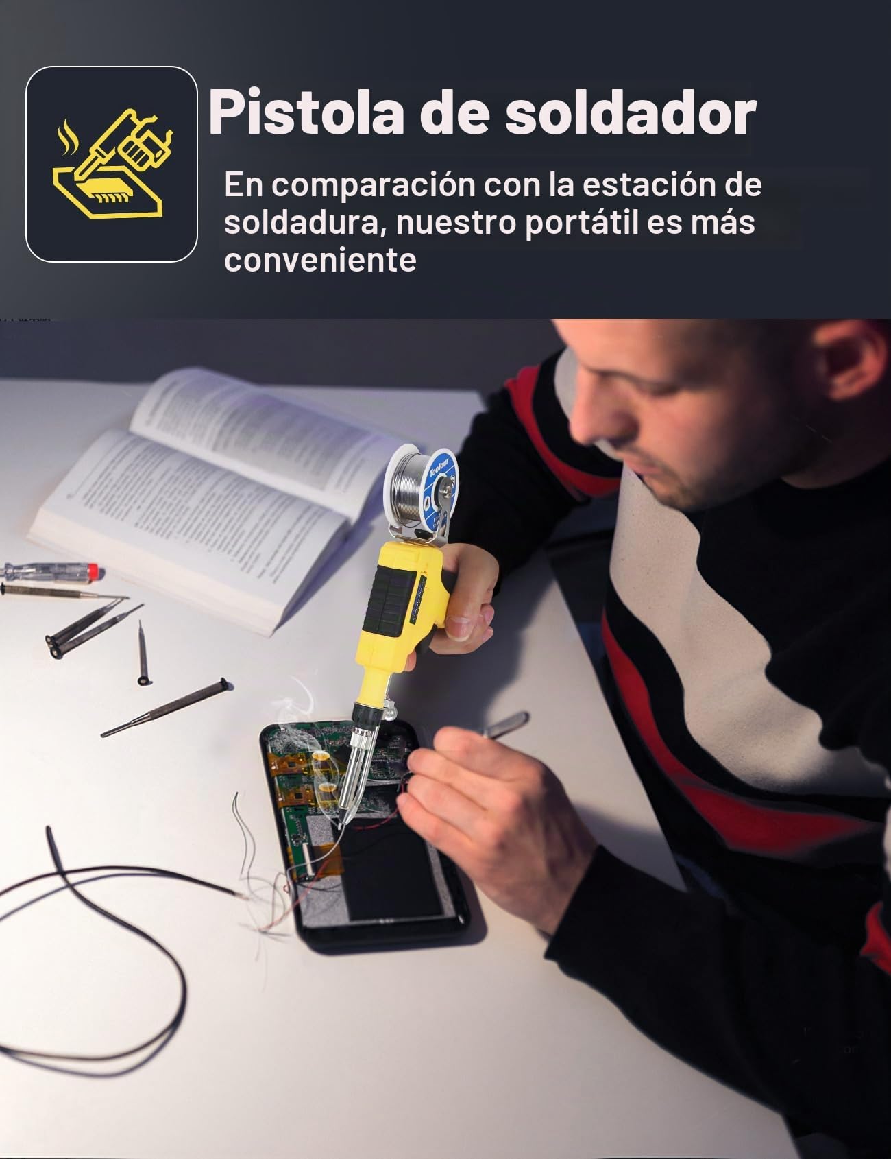 Soldador estaño, pistola de soldar de 60 W, juego de soldador automático, soldador 5 en 1 de una sola mano con desoldador estaño, alambre de estaño, 2 pinzas antiestáticas para reparación