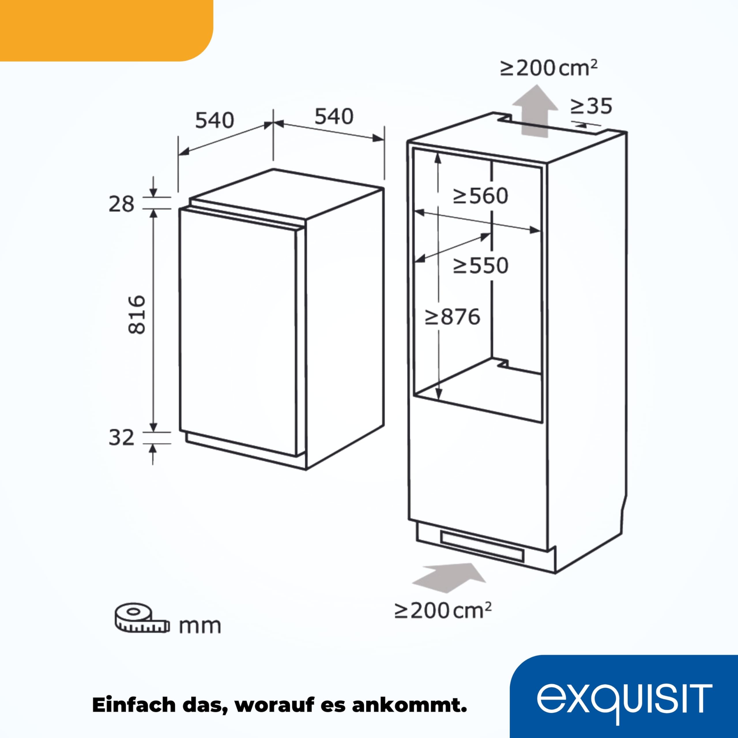 Exquisit EKS5131-4-E-040E Einbaukühlschrank mit Gefrierfach, 88cm Nische | Einbaugerät mit 118L Nutzinhalt, 4-Sterne-Gefrierfach, Schlepptür, LED-Licht & Gemüseschublade, leise 39 dB, Weiß