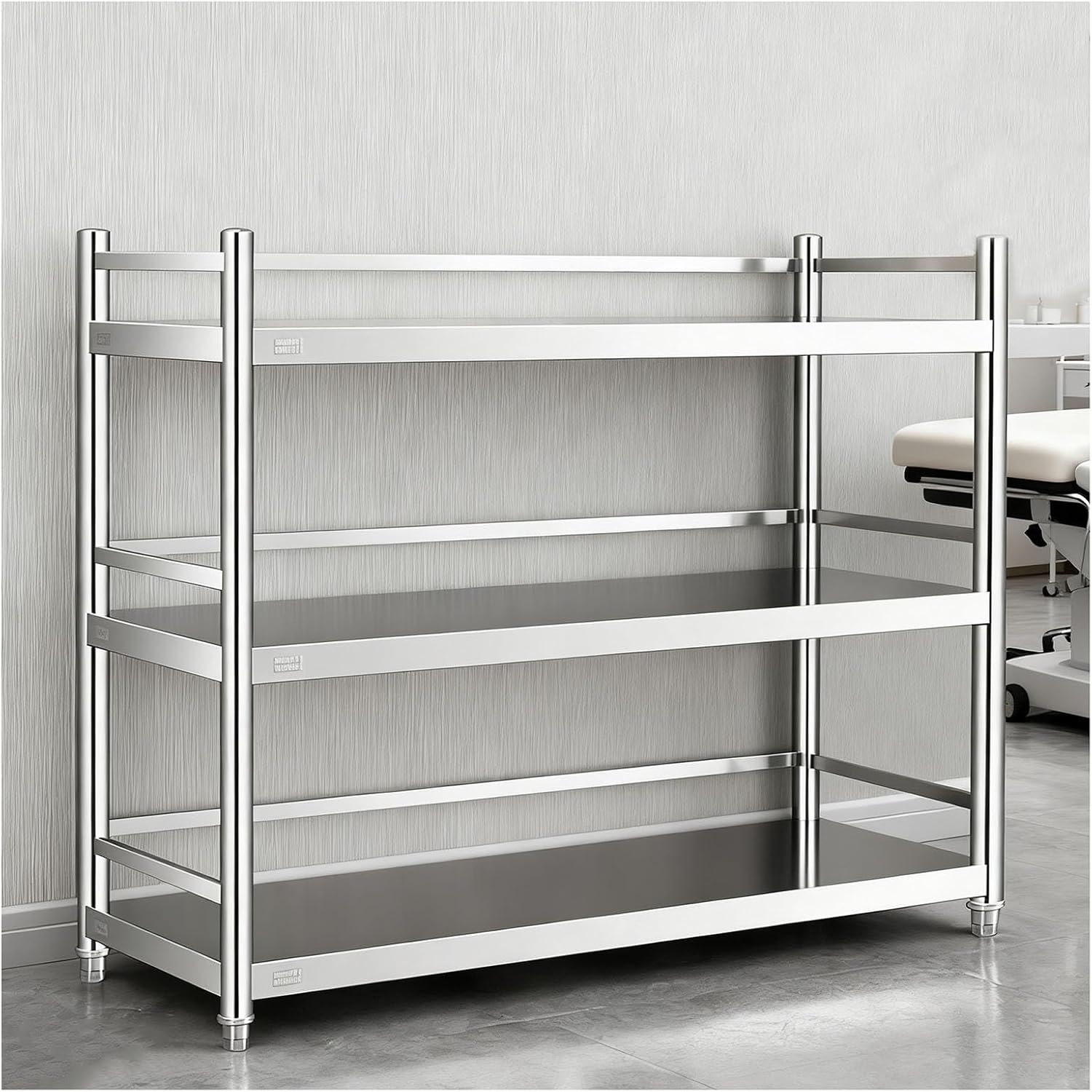 Three-Tier Stainless Steel Workbench with Guardrails Floor-Standing Worktable Platform Open Storage Shelves Adjustable Shelves Metal Packing Table Packing Countertop(70x30x100cm/27.6x11.8x39.4”)