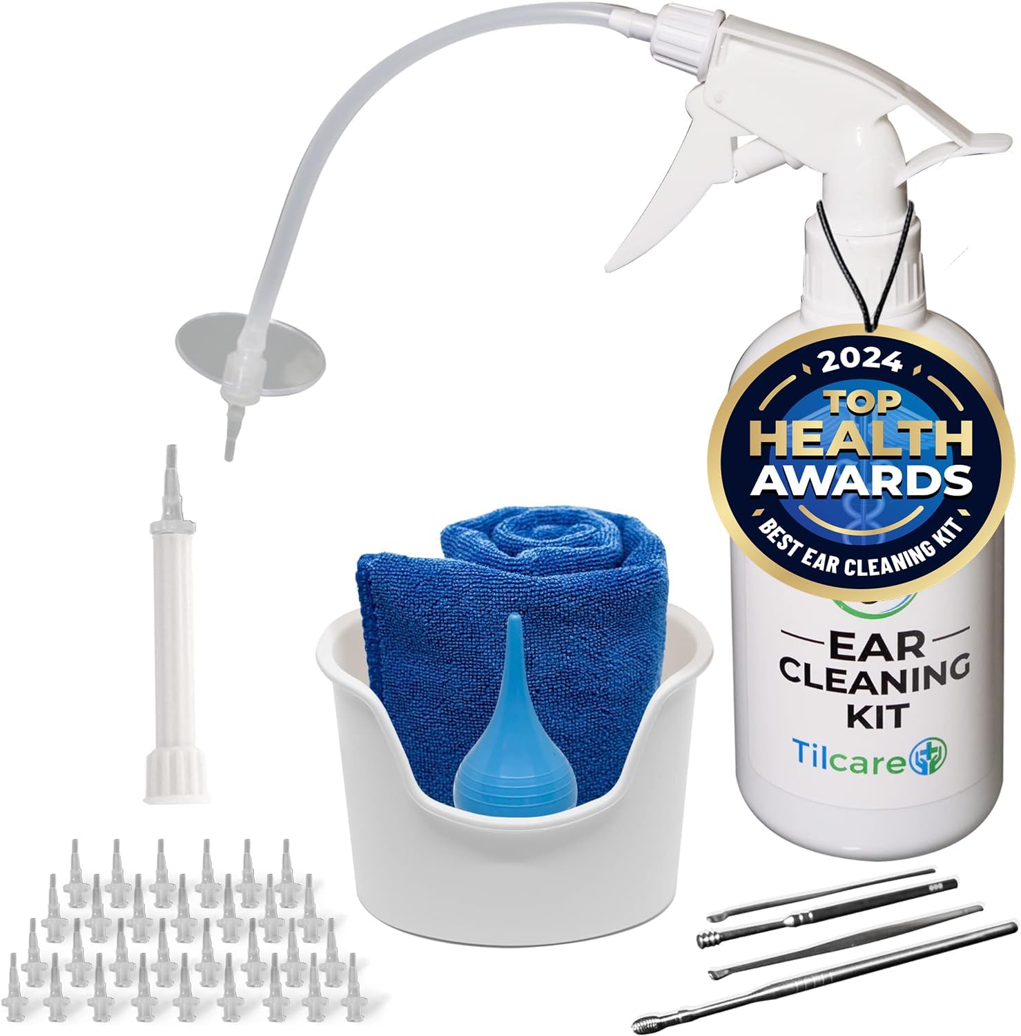 Ear Wax Removal Tool by Tilcare - Ear Irrigation Flushing System for Adults & Kids - Perfect Ear Cleaning Kit - Includes Basin, Syringe, Curette Kit, Towel and 30 Disposable Tips