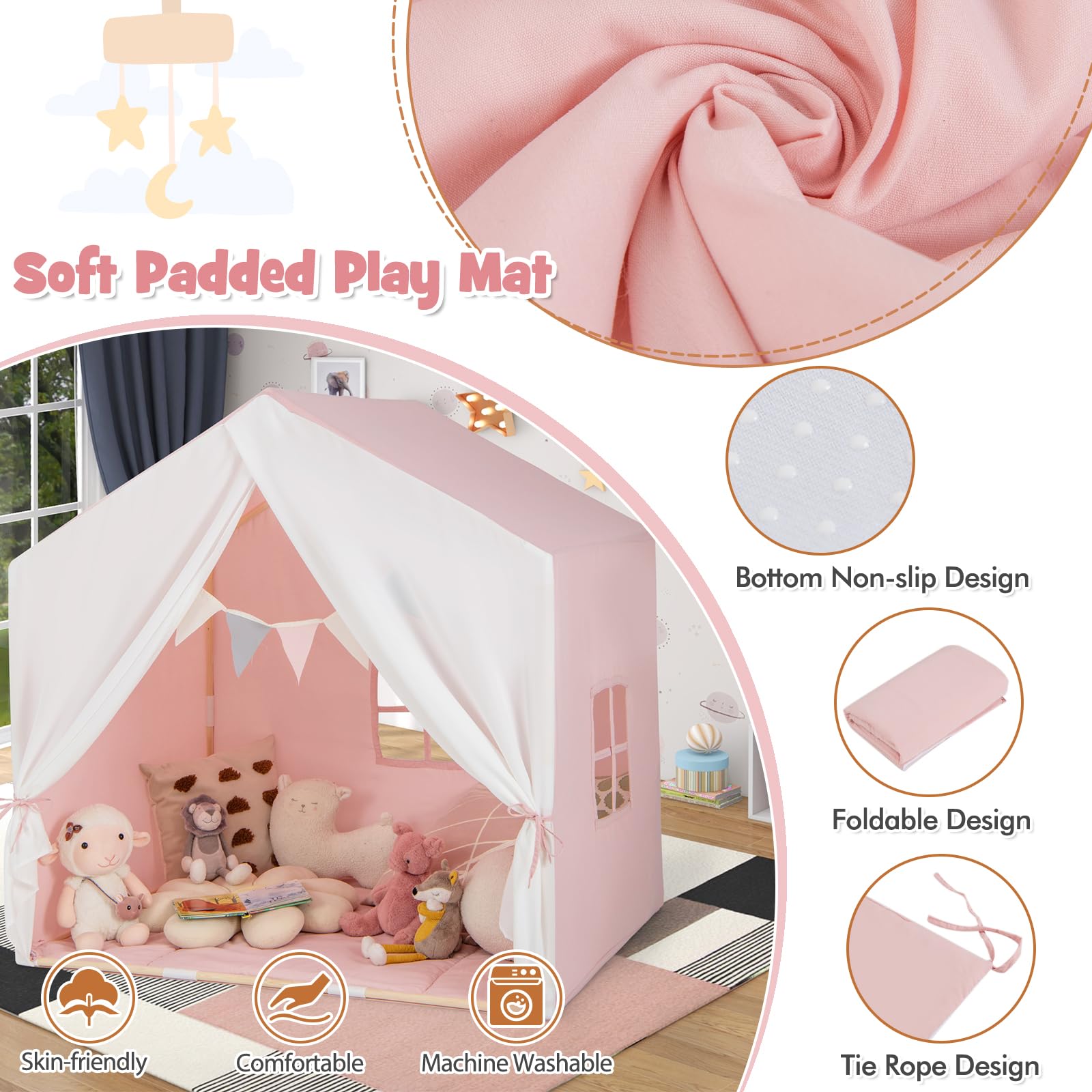 HOMASIS Kinderzelt Indoor, Spielzelt mit Matte, Vorhang, Flaggen, Spielhaus aus Holzrahmen, Bettzelt Prinzessin Zelt für Mädchen & Jungen ab 3 Jahren, Kinderspielhaus für Kinderzimmer (Rosa)