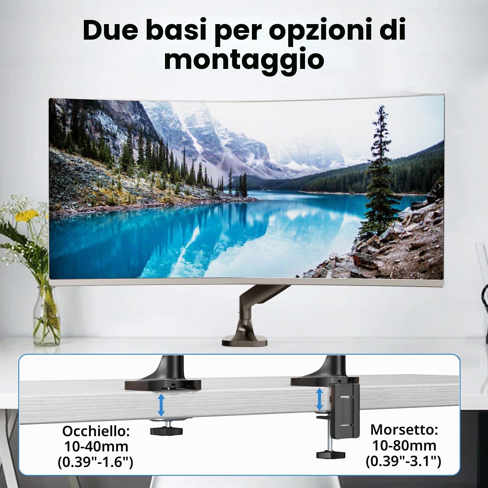 Braccio per monitor pesanti per monitor ultra larghi fino a 45 pollici e 15kg, supporto da scrivania singolo completamente regolabile con morsetto a C e gommino da scrivania, VESA massimo 100x100,nero