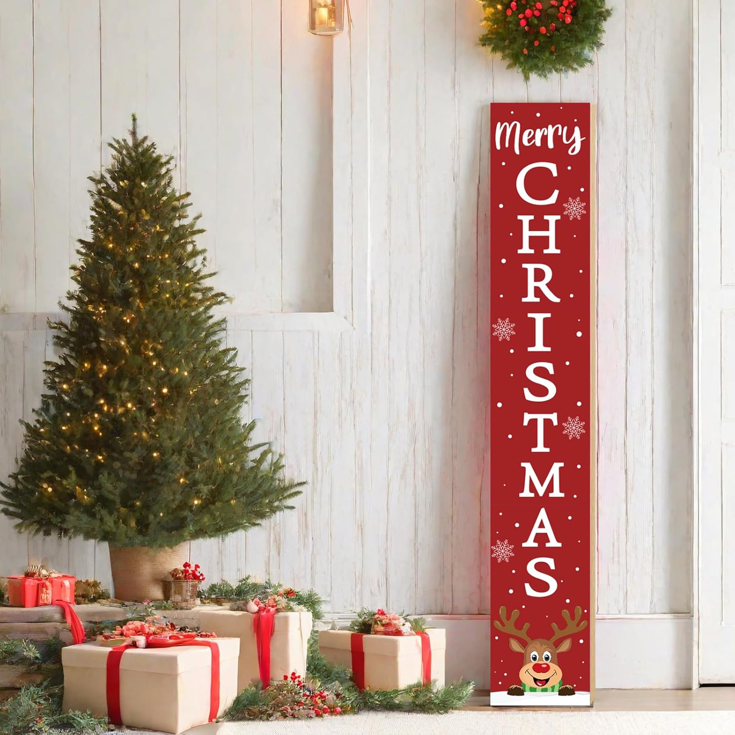 Christmas Porch Sign Merry Christmas Porch Decor Outdoor Decorations Reindeer Wooden Door Decorations Indoor Outside Welcome Sign for Front Door 46.8 Inch