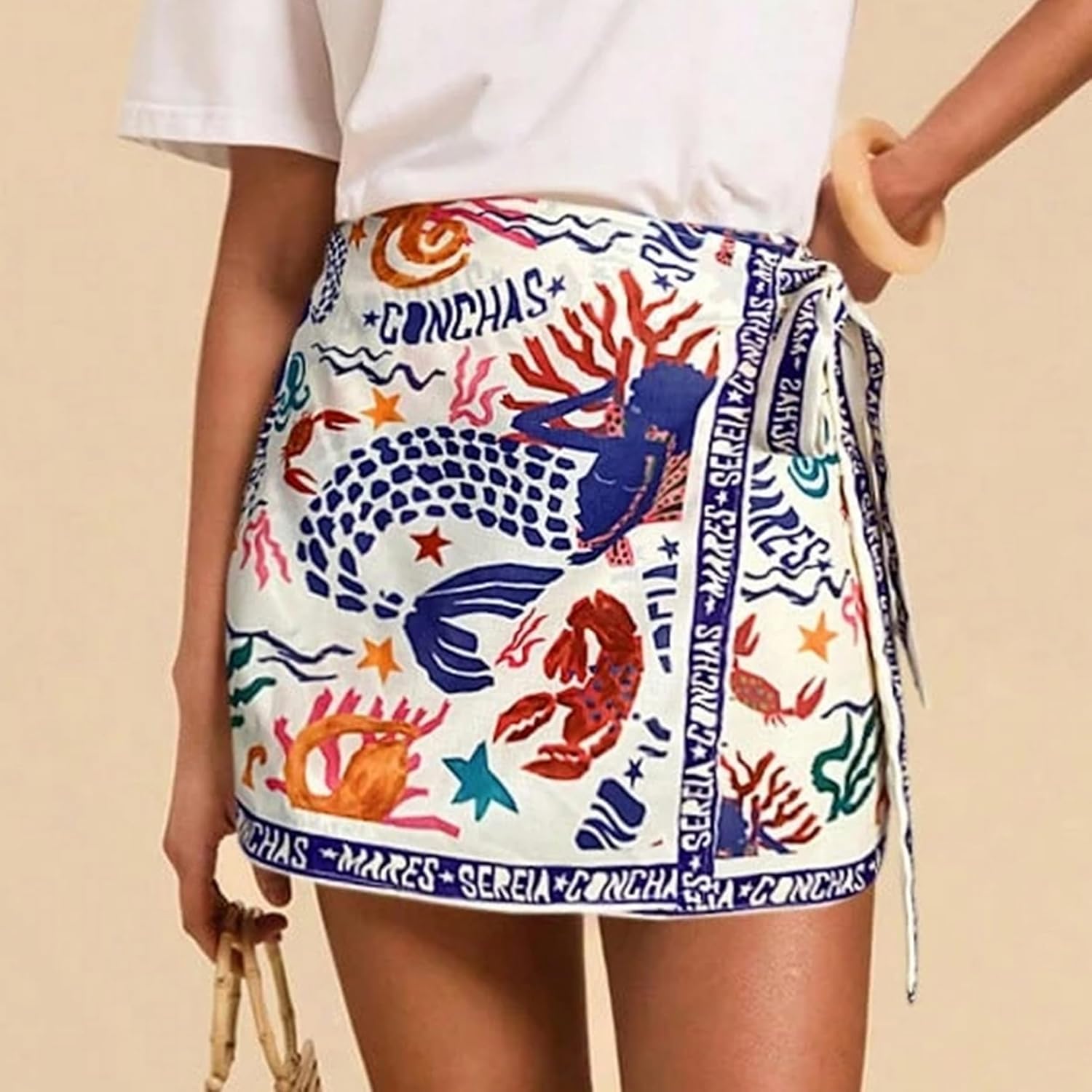 KeeKeeliya Womens Wrap Mini Skirt High Waist A Line Boho Mermaid Printed Knot Side Short Skirts Casual Summer Beach Skirt - Image 3