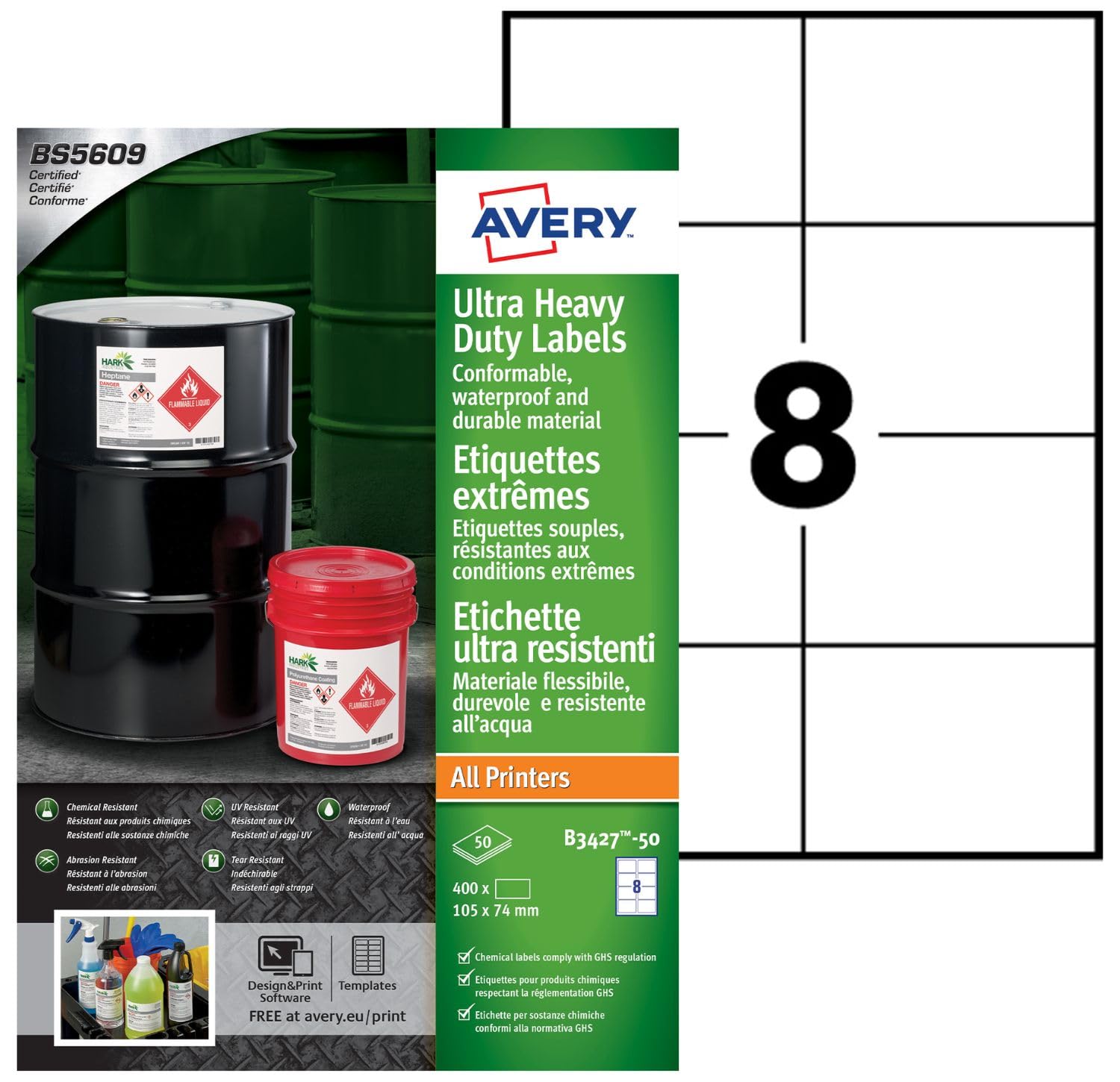 Avery Étiquettes Ultra-Résistantes Polyéthylène - 400 Étiquettes Autocollantes 105 x 74 mm - Compatible Imprimante Étiquette Autocollante Laser/Jet d'Encre