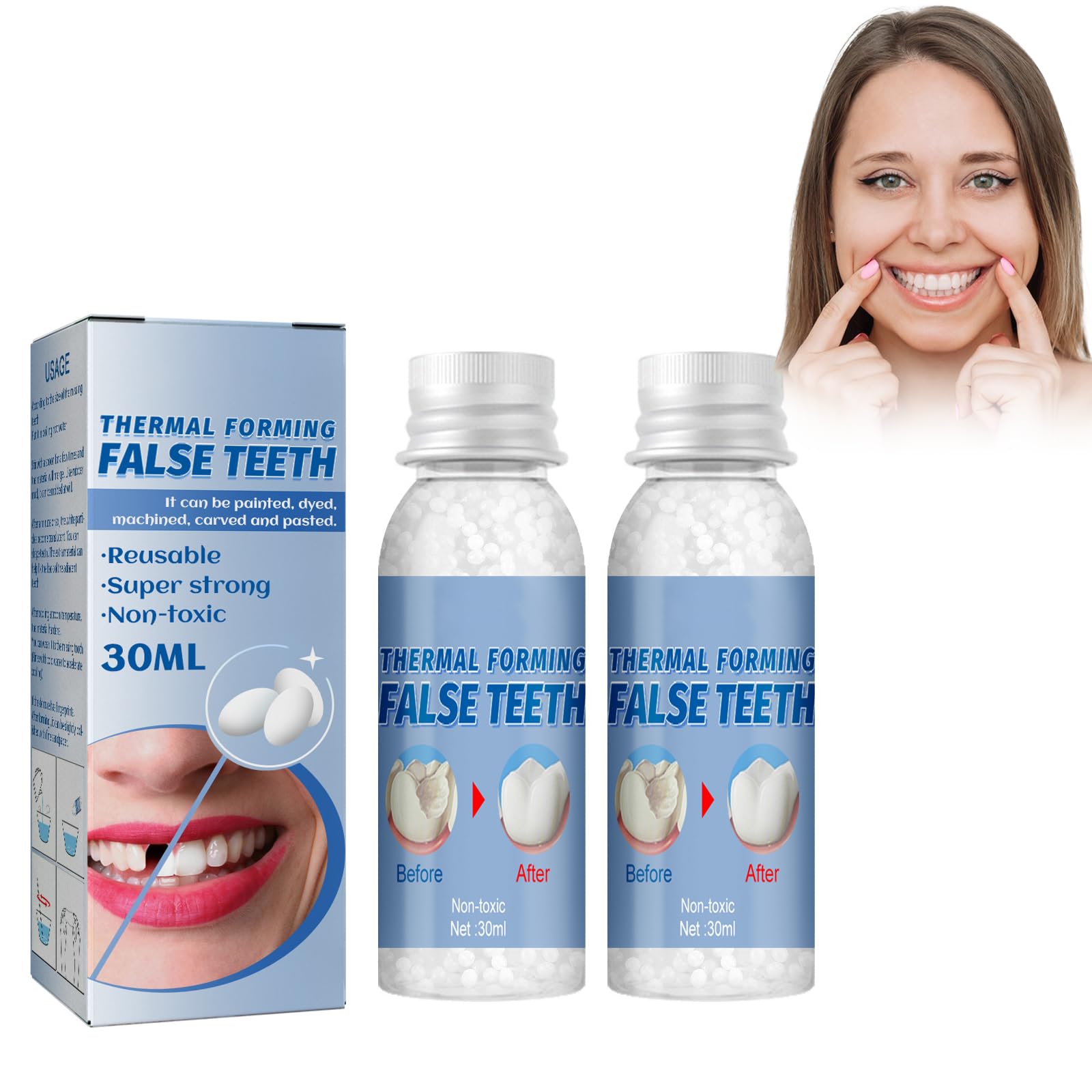 Thermal Forming Fake Teeth tymczasowa proteza zębowa z żywicy syntetycznej, 2 sztuki, zestaw protez do tymczasowej odbudowy brakujących i złamanych zębów