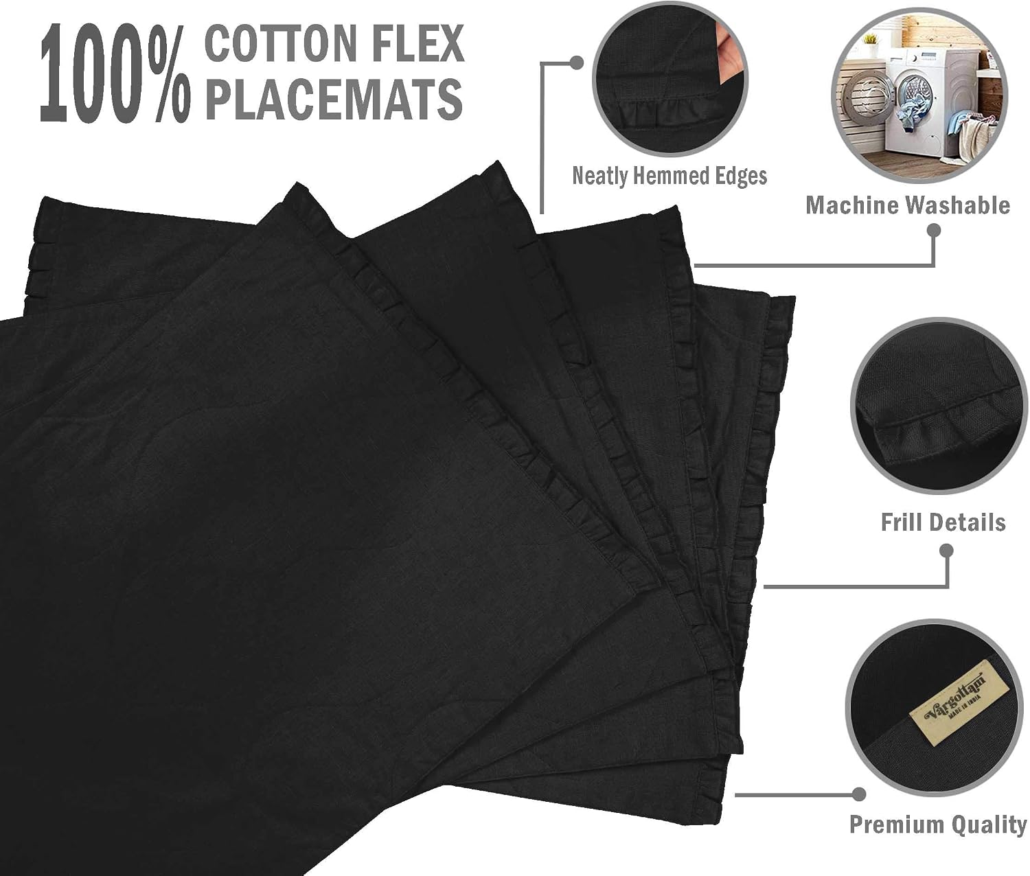 Black Home Decor Reversible Table Decor Frill Placemats Reversible Dining Mat-Set of 4