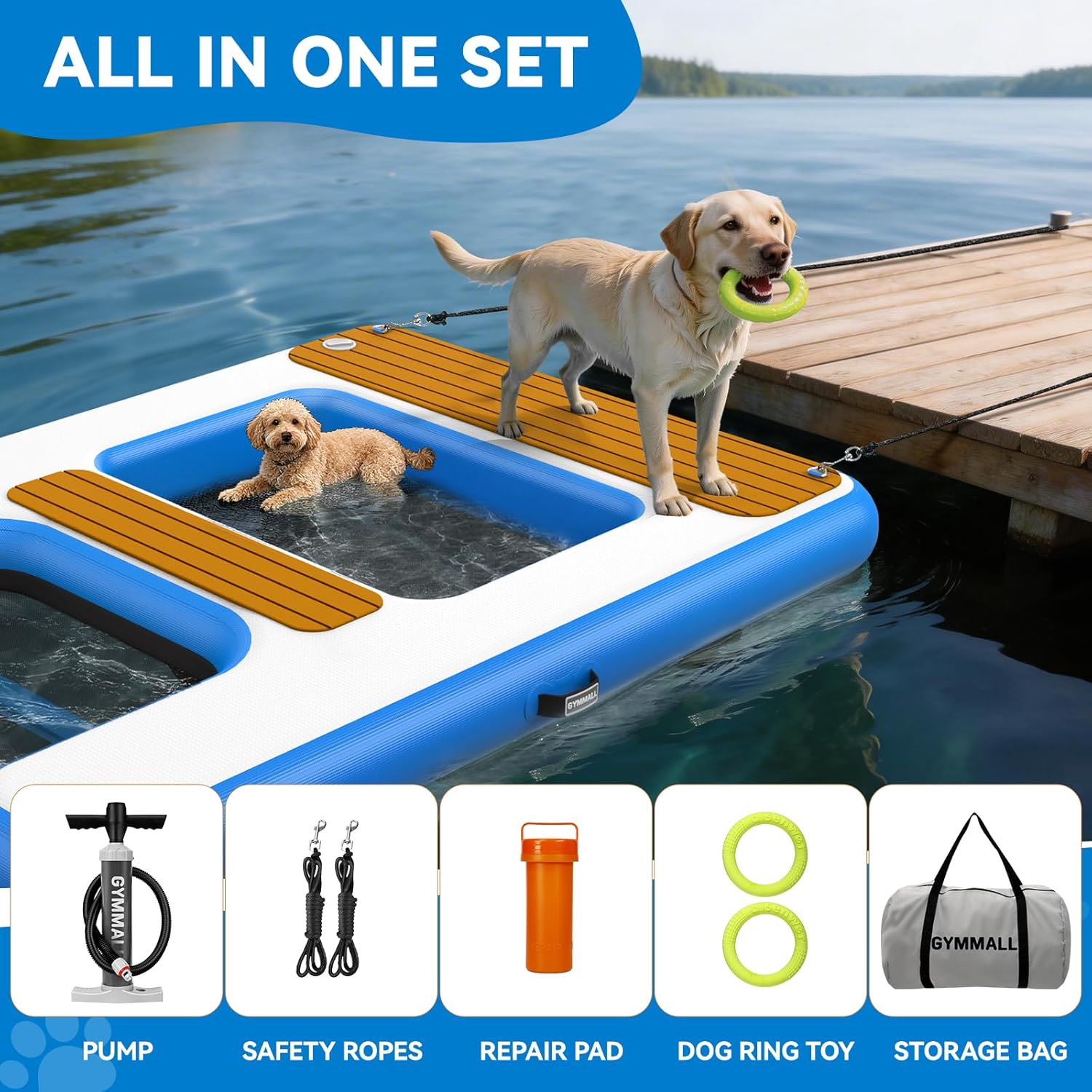 Large Dog Dock Ramp with Water Hammock 5.6 * 4ft, Inflatable Dog Water Ramp Platform 6 inch Thickened for Boat Pool Lake Sea, PVC Floating Boat Ramp for Dogs up to 330lbs, Dog Boat Ramp Blue
