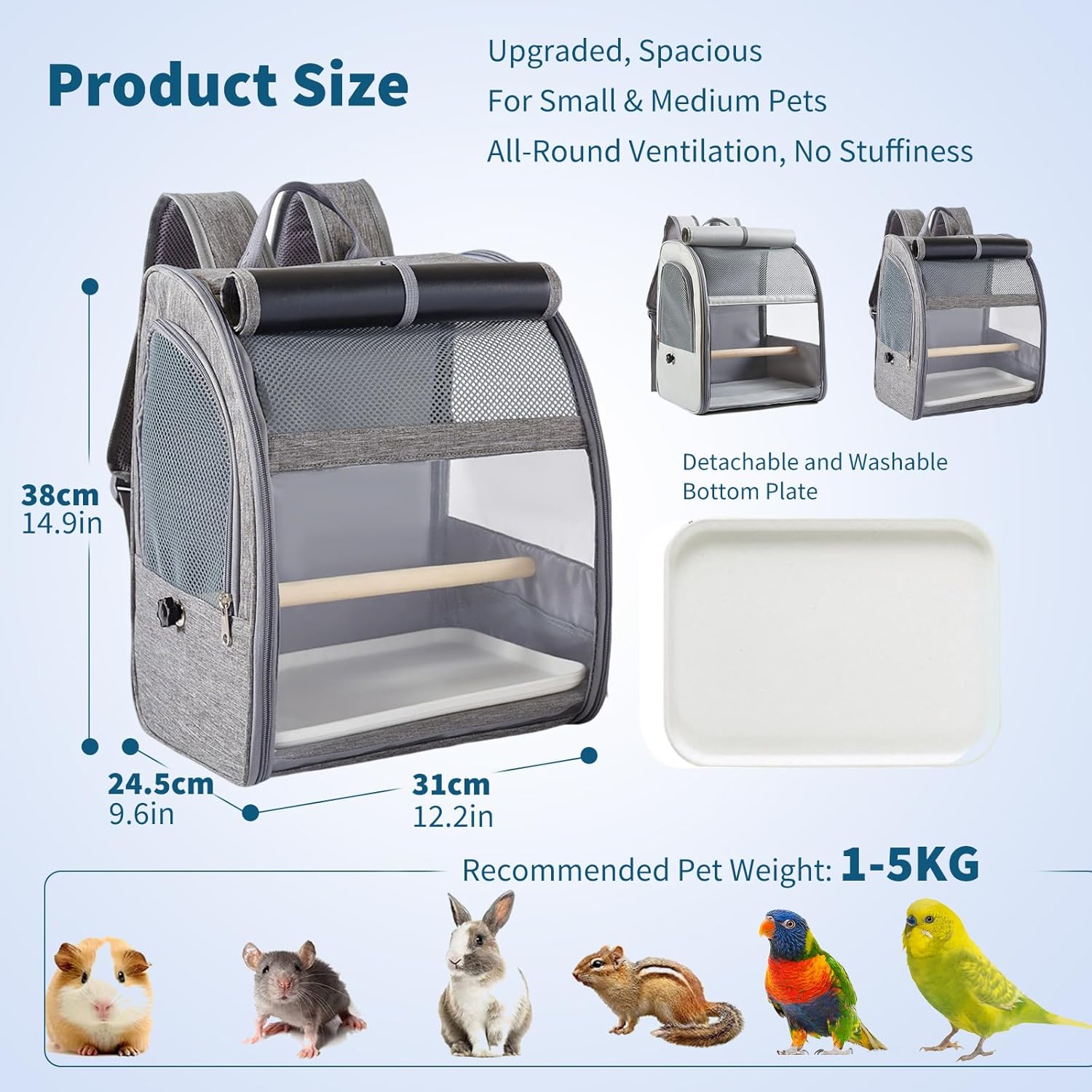 Bird Carrier Backpack,Breathable & Portable,Pet Travel Cage with Upgraded Tray and Standing Perches,Lightweight Foldable Birds Travel Cage for Hiking Camping,for Small Birds, Green Cheek