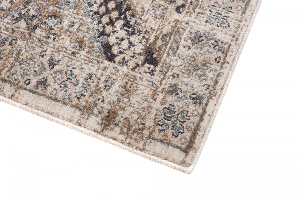 TAPISO Dubai Tapis Poil Court Traditionnel Crème Beige Bleu Motif Vitre Ornamental Bordure Moucheté Tapis Salon Chambre Salle à Manger Bureau Oeko-TEX Résistant 140 x 200 cm