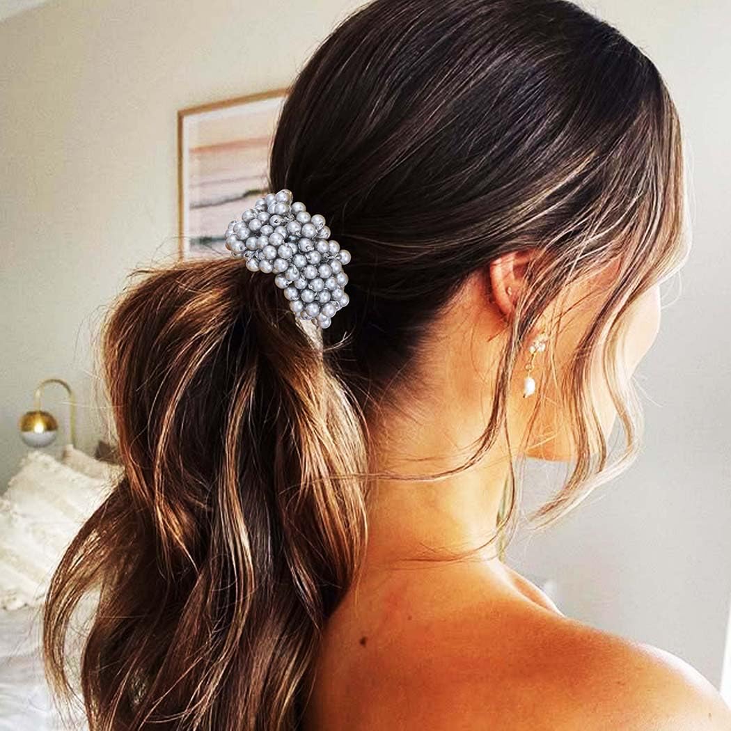 Reaky Pearl Hair Tie Blue Beaded Ponytail Holders Fancy Hair Scrunchies Decorative Hair Accessories for Women - Image 3