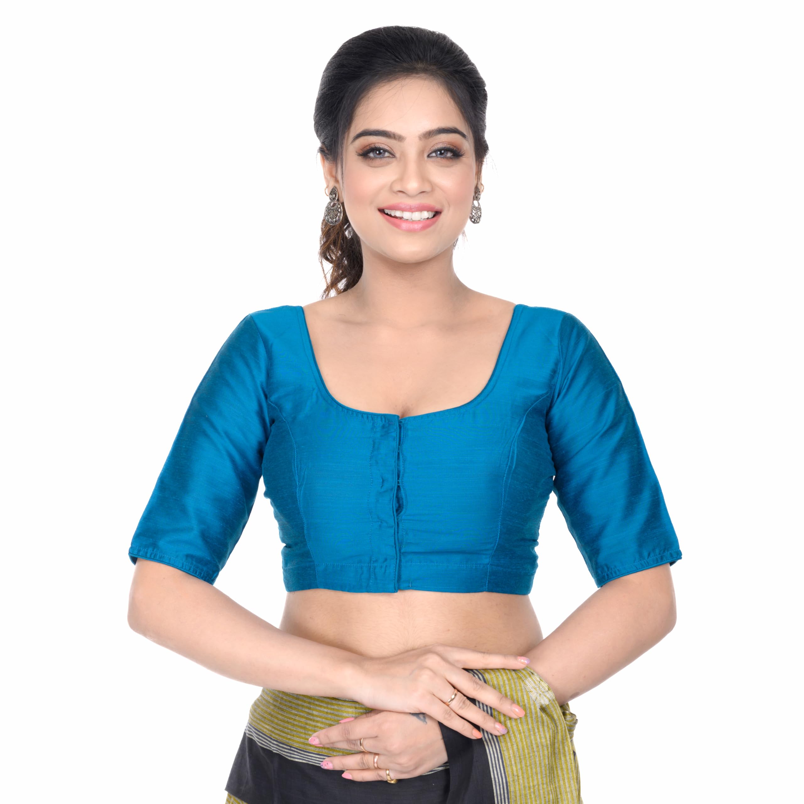 Overseas Women's Readymade Deep Blue Cotton Silk Saree Blouse-image-18