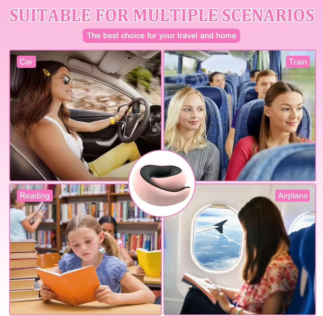 Reisekissen - Ergonomisches Nackenkissen aus Memory-Schaum für Reisen, kompaktes & verstellbares Flugkissen mit Augenmaske, Ohrstöpsel, Decke, Aufbewahrung & Tragetasche, kompaktes Reise-Set (Rosa)