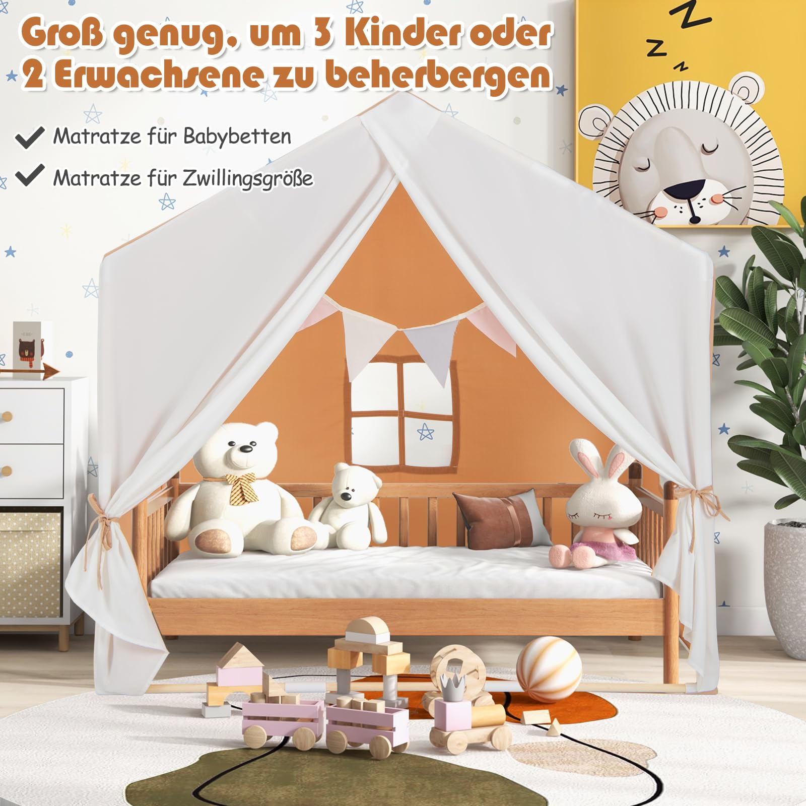GOPLUS Kinderzelt mit Holzrahmen, Multifunktionaler Kinderspielhaus mit Fahnenbanner, großem Vorhang & 2 Fenster, Spielzelt für Jungen und Mädchen ab 3 Jahren, für Innen- & Außenbereich (Hellbraun)