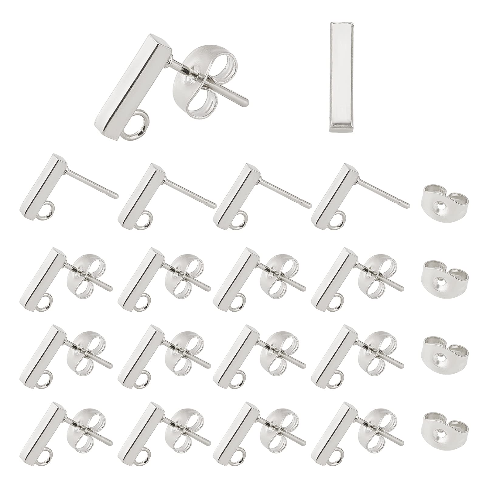 UNICRAFTALE 50pcs Rectangle Stud Earring Settings Stainless Steel Ear Stud with Loop and Ear Nuts 0.8mm Pin Earring Finding for DIY Jewelry Making, Stainless Steel Color