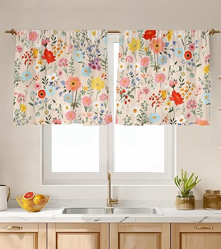 Miniatura 49 de Cortinas de Cocina (2 Piezas) Sobre el Fregadero para Ventana de Baño Café Sótano Cortinas para Cocina Granja Cortina Corta Mini Flor Abeja Verano