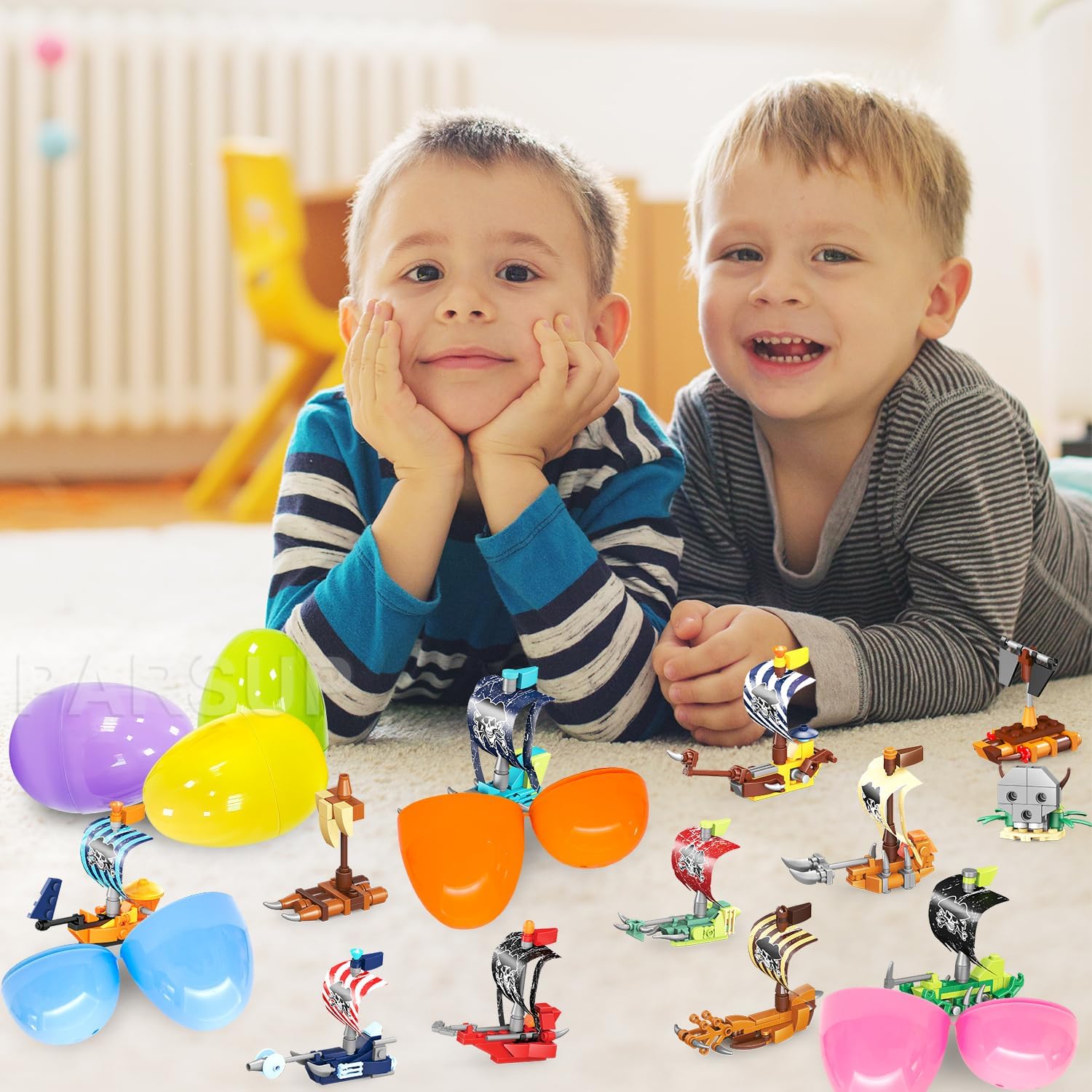 PARSUP 12 Pack Easter Plastic Eggs with Pirate Ship Building Blocks for Easter Theme Party Favors, Supplies for Easter Egg Hunt, Basket Stuffers/Fillers, Classroom Prize Supplies Toddler Boys Girls